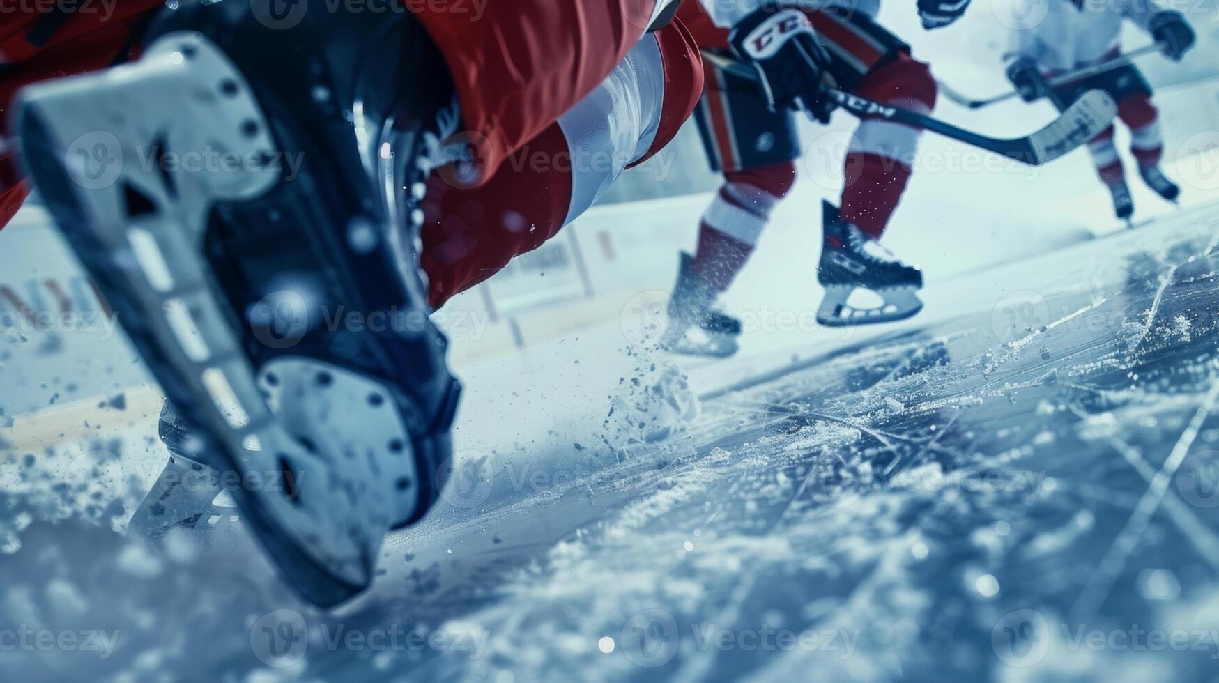 An intense game of ice hockey captured from a closeup angle highlighting the sharp blades in action photo