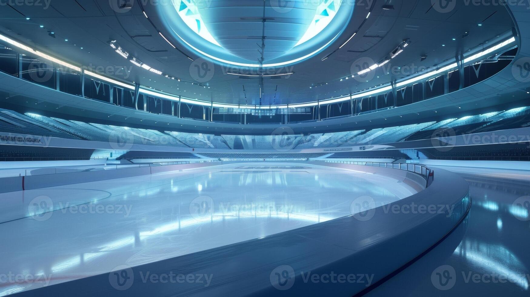 A zerogravity ice rink allowing for the ultimate figure skating and hockey competitions all within the walls of a breathtaking space stadium photo