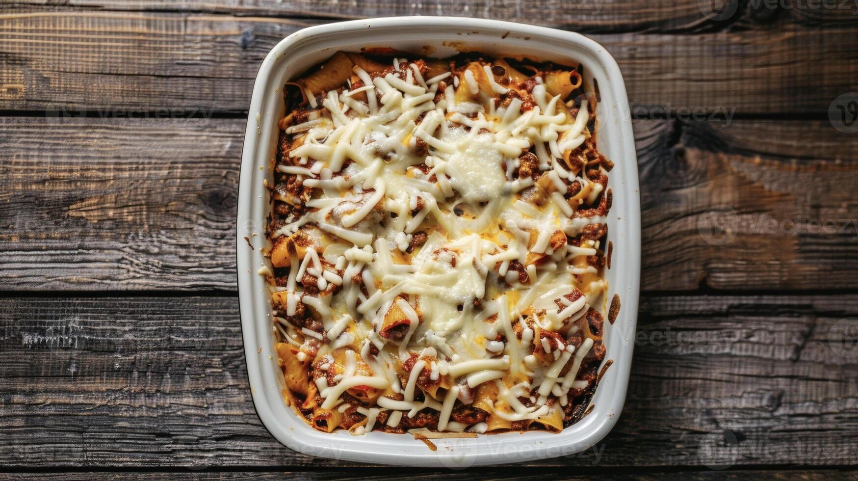 A casserole dish filled with layers of seasoned meat and melted cheese, ready to be served photo