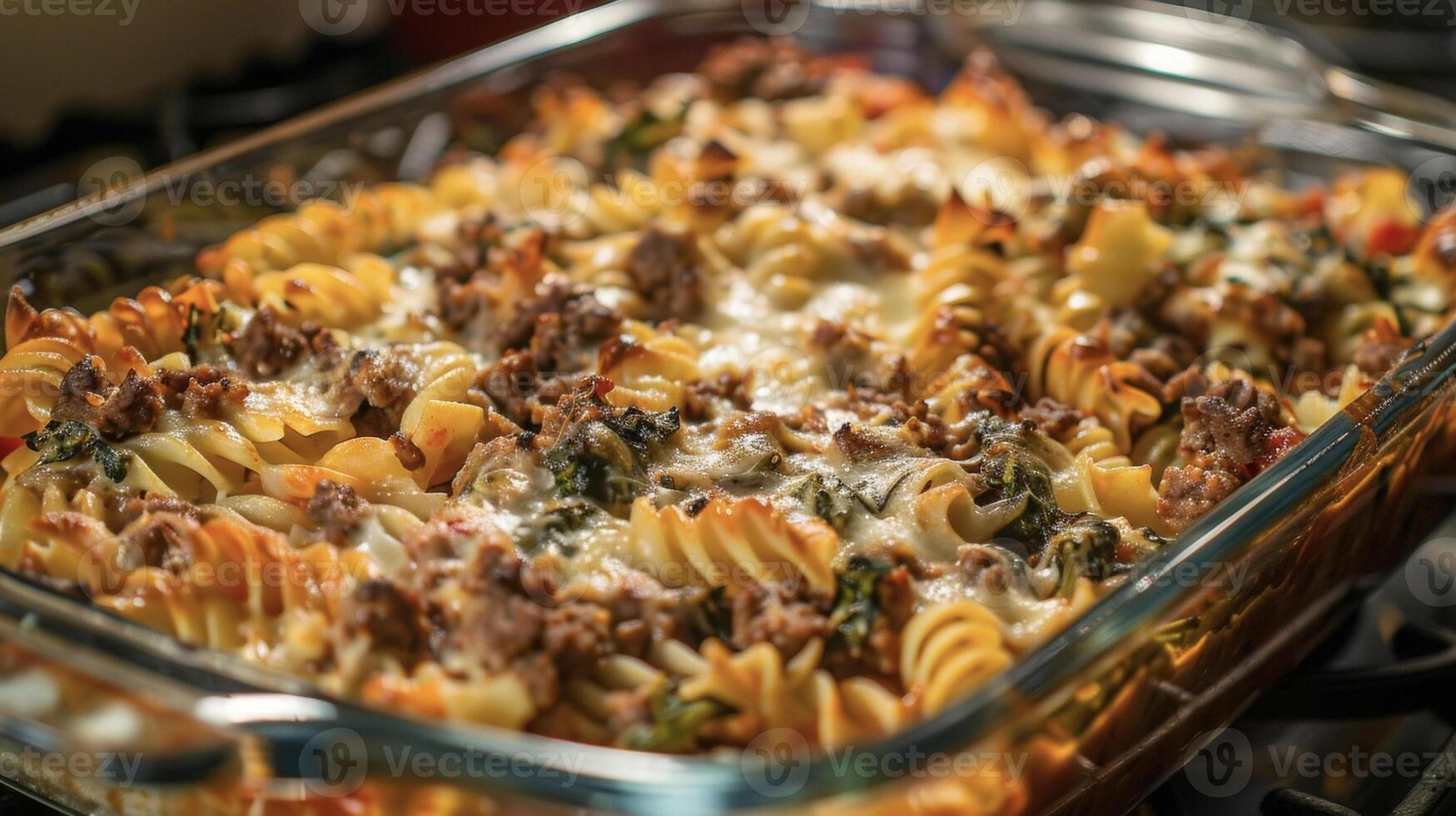 A casserole dish filled with savory pasta and meat, creating a hearty and satisfying meal photo