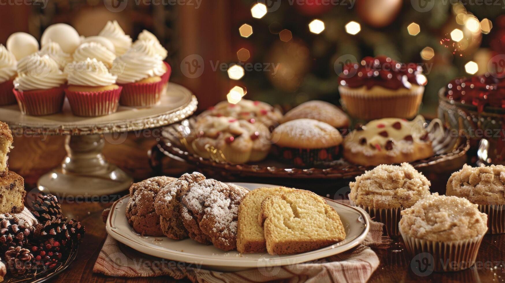 A table covered in an abundance of various desserts and muffins, creating a tempting display for indulgence photo
