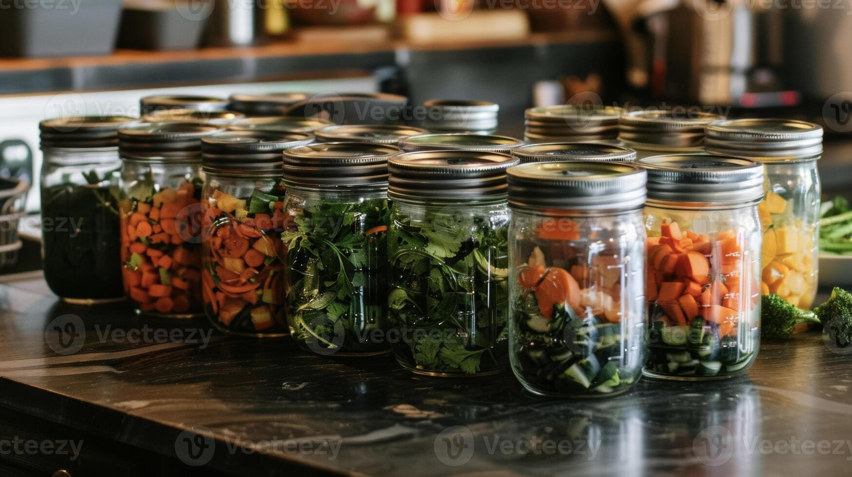 Various mason jars filled with a variety of fresh vegetables arranged neatly on a table photo