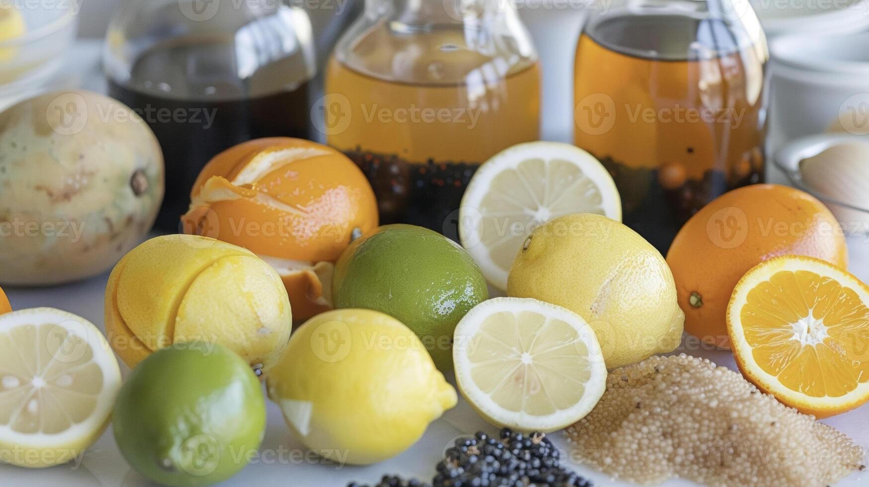 Lemons, lemonade, and assorted ingredients displayed on a table photo