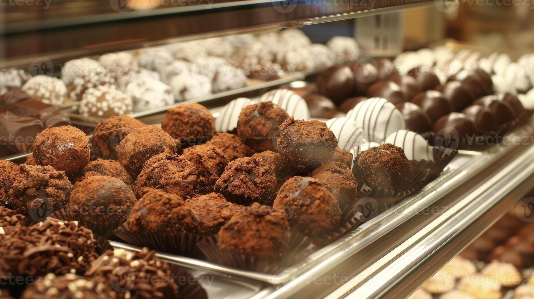 A display case filled with various types of chocolates, showcasing a tempting assortment for chocolate lovers photo
