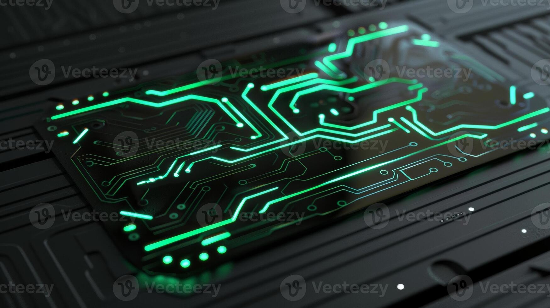 Blank mockup of a matte black license plate with a futuristic font and a digital circuit pattern in neon green photo