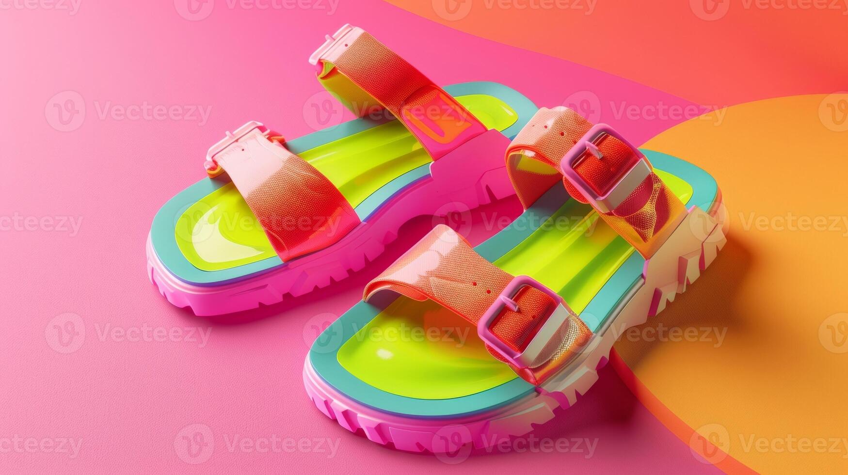Blank mockup of a pair of spy gladiator sandals in a bold neon colo photo