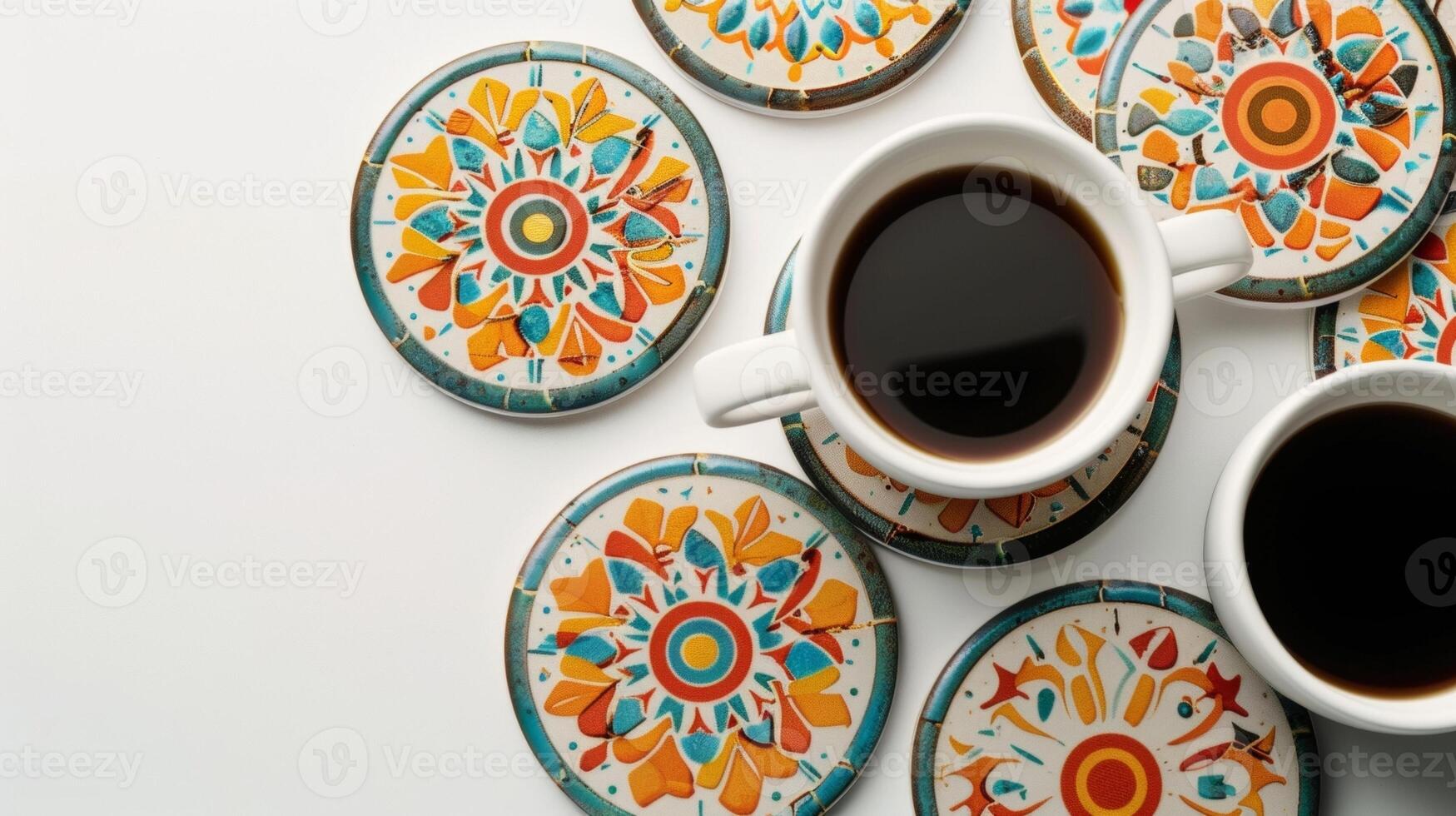 Blank mockup of a set of ceramic coasters featuring a vibrant mosaic pattern photo