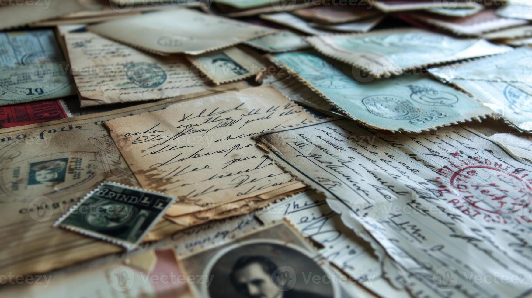 A collage of vintage postcards stamps and handwritten letters evoking a sense of nostalgia and longing for the past on this lofi album photo