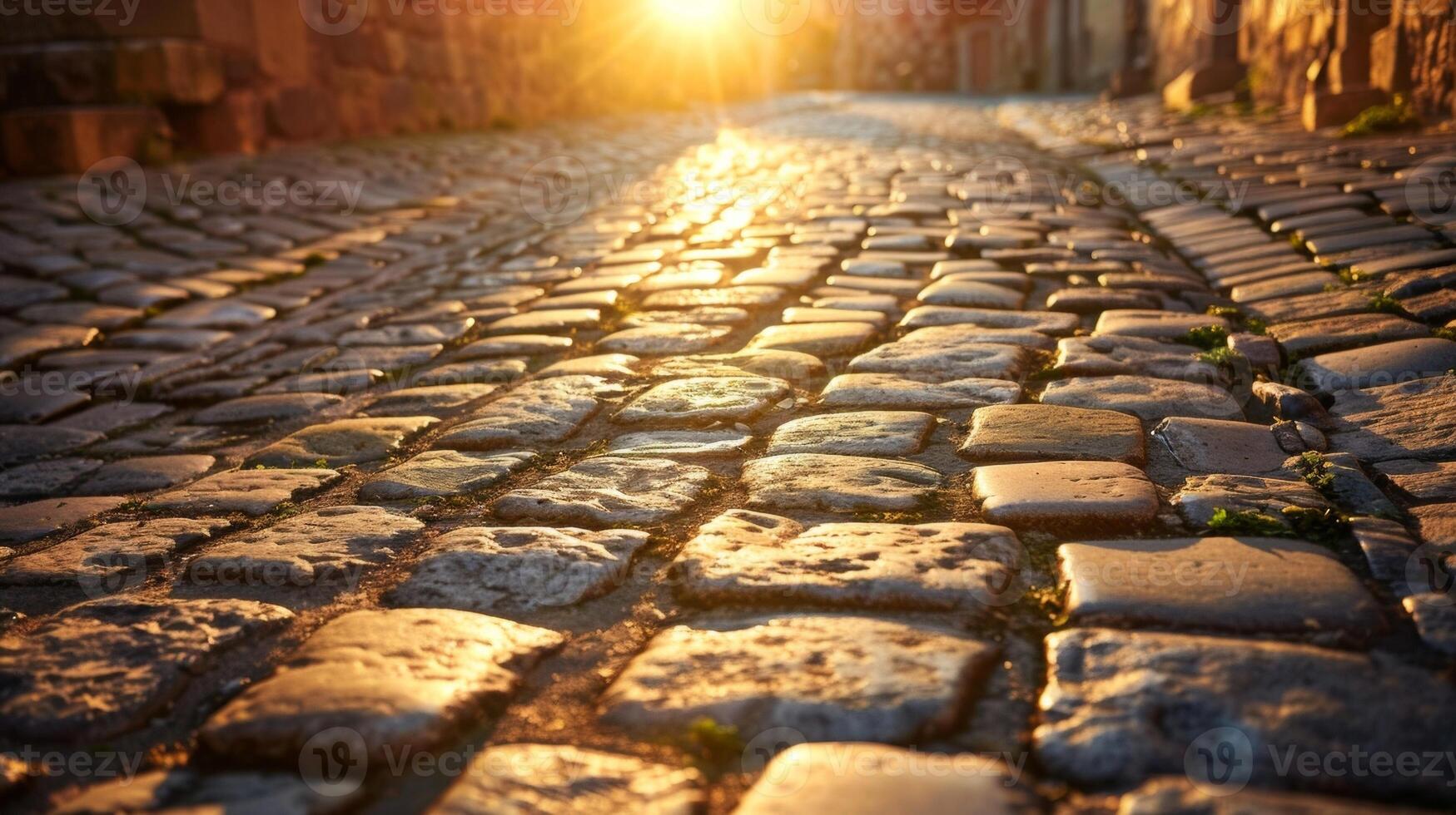 As the sun sets the warm glow illuminates the patterns on the cobblestone streets adding to the timeless feel of the quaint town. . AI generation photo