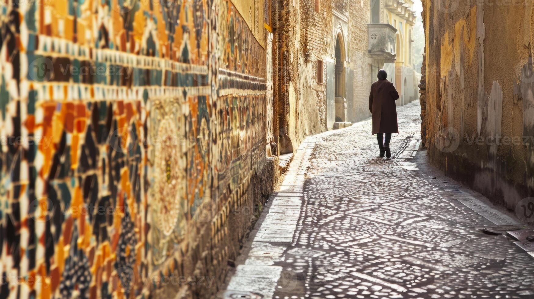 A solitary figure walks along a narrow cobblestone alley walls on either side adorned with intricate mosaic patterns. . AI generation photo