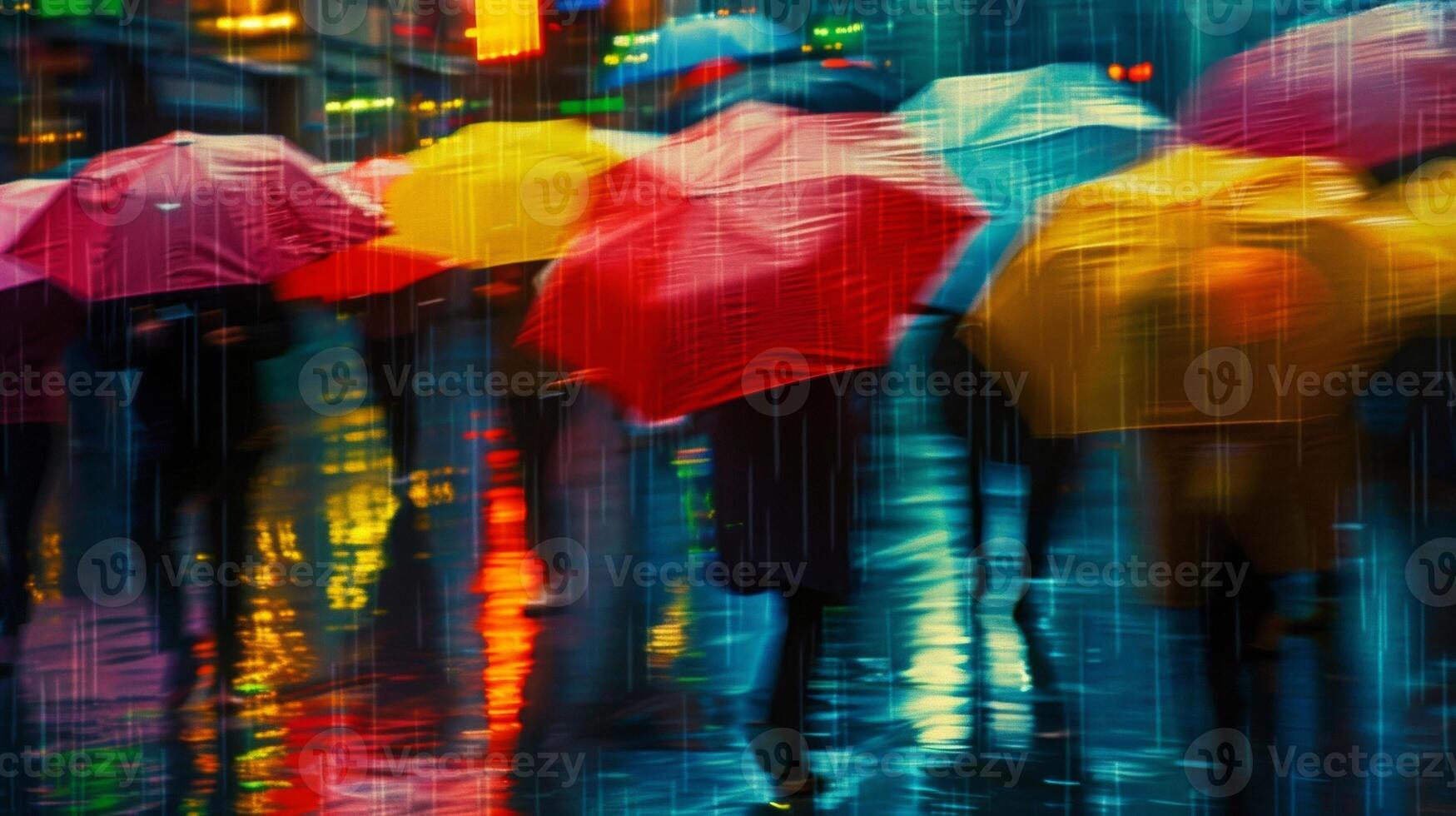 As the rain pours down the city transforms into a sea of colorful umbrellas and blurred reflections on the wet pavement. The sound . AI generation photo