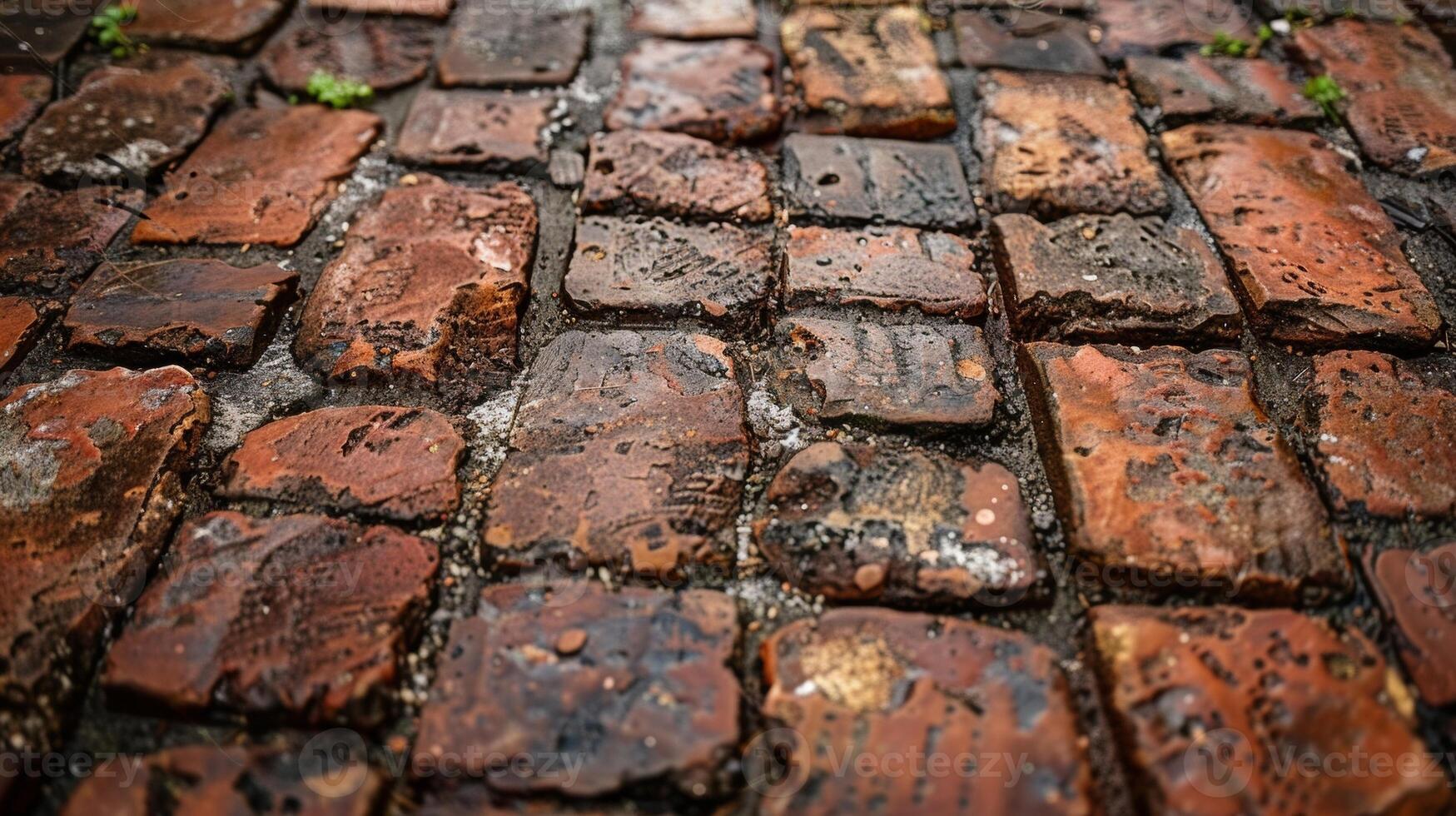 A closeup of a wellworn brick walkway showcasing its rough texture and earthy tones that blend seamlessly with the surrounding environment. . AI generation photo