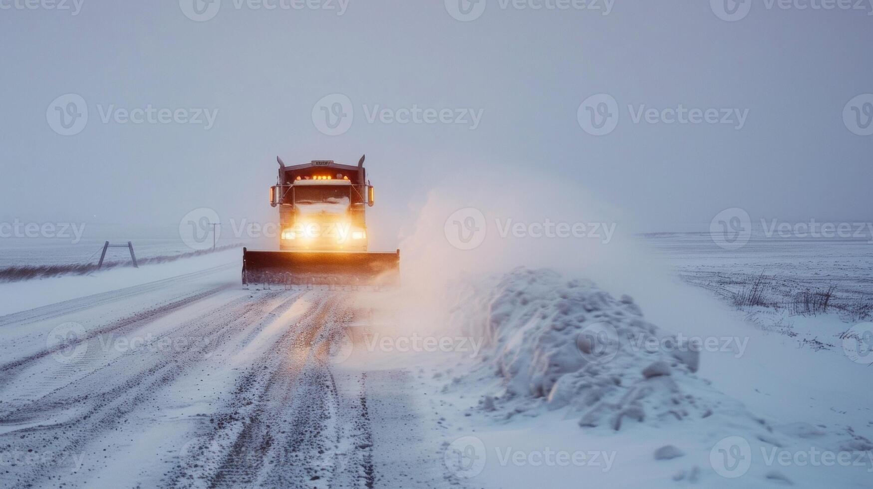 A lone plow truck rumbles down the deserted roads its bright flashing lights illuminating the thick blanket of snow that covers the . AI generation photo