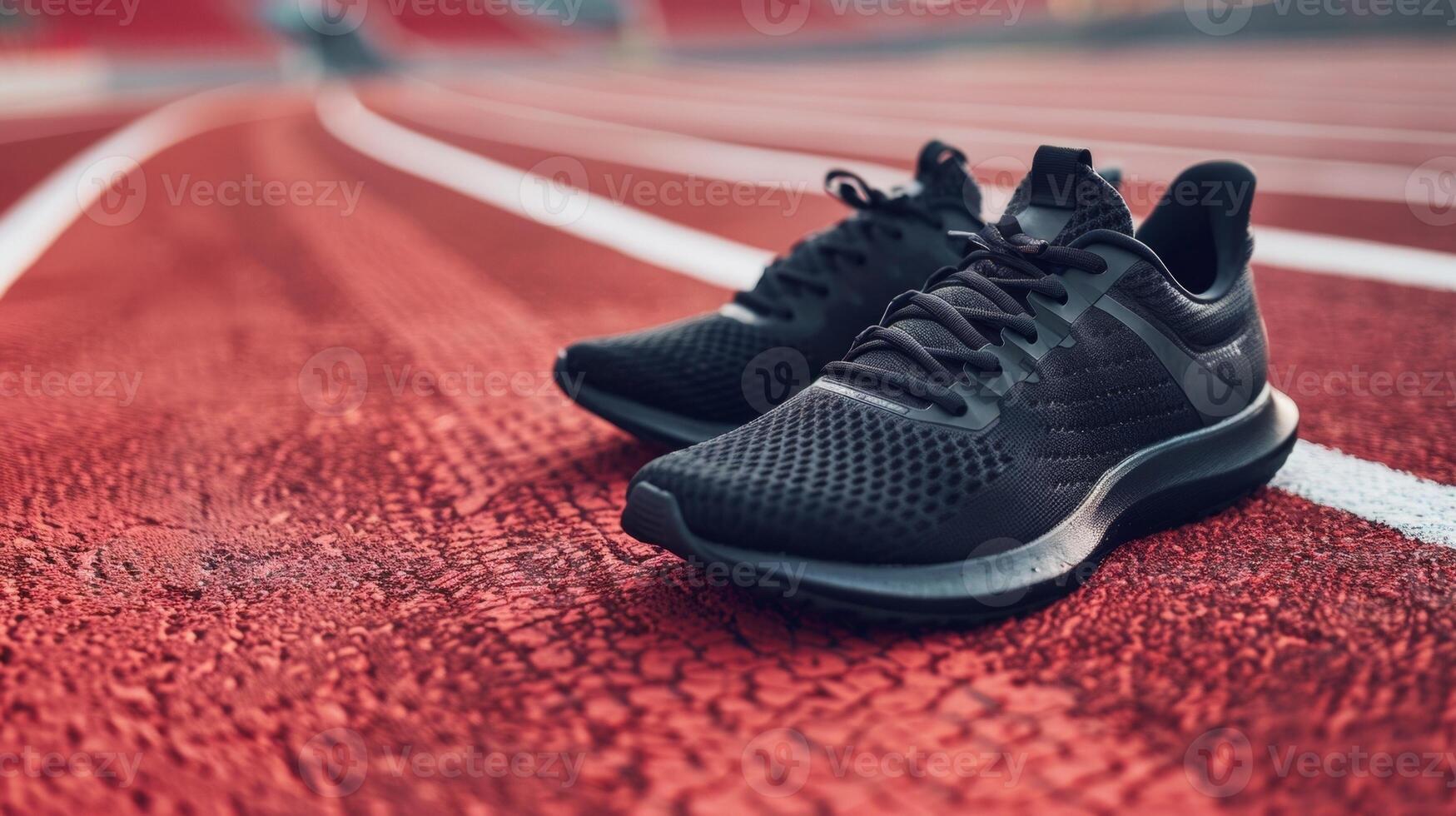 A closeup shot of a pair of sleek black athletics shoes resting on a deep red rubberized track ready to take on the challenge of a . AI generation photo