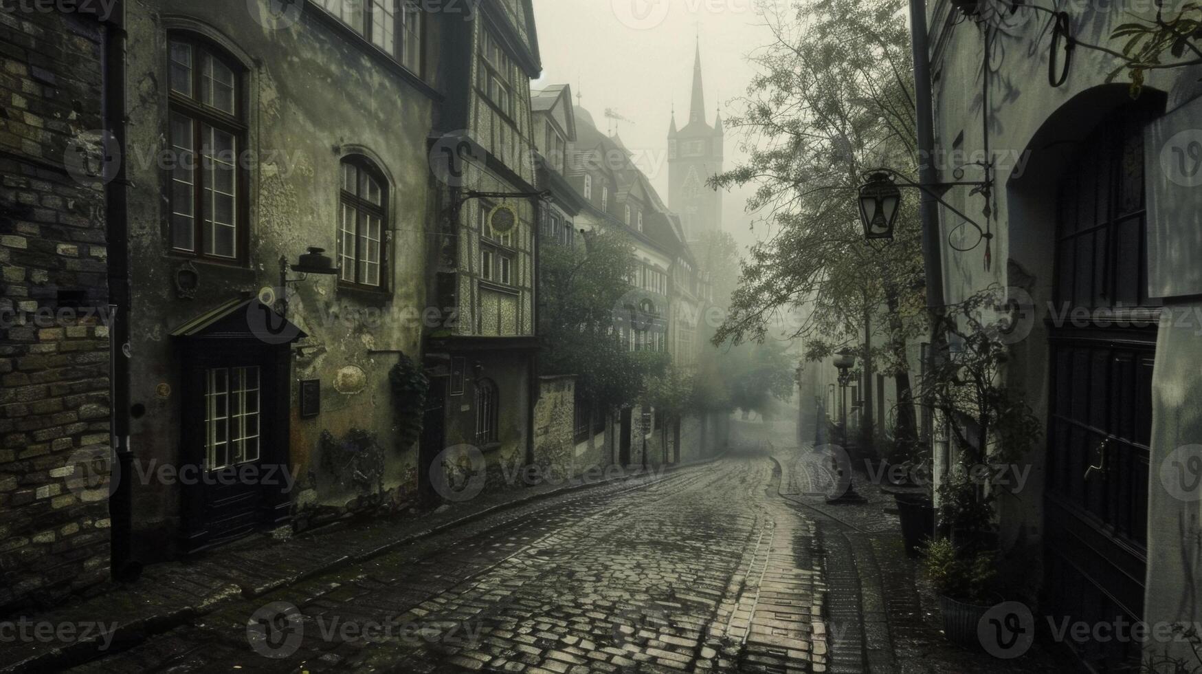The rain has left a misty veil over the cobblestone streets adding an air of mystery and enchantment to the already charming European . AI generation photo
