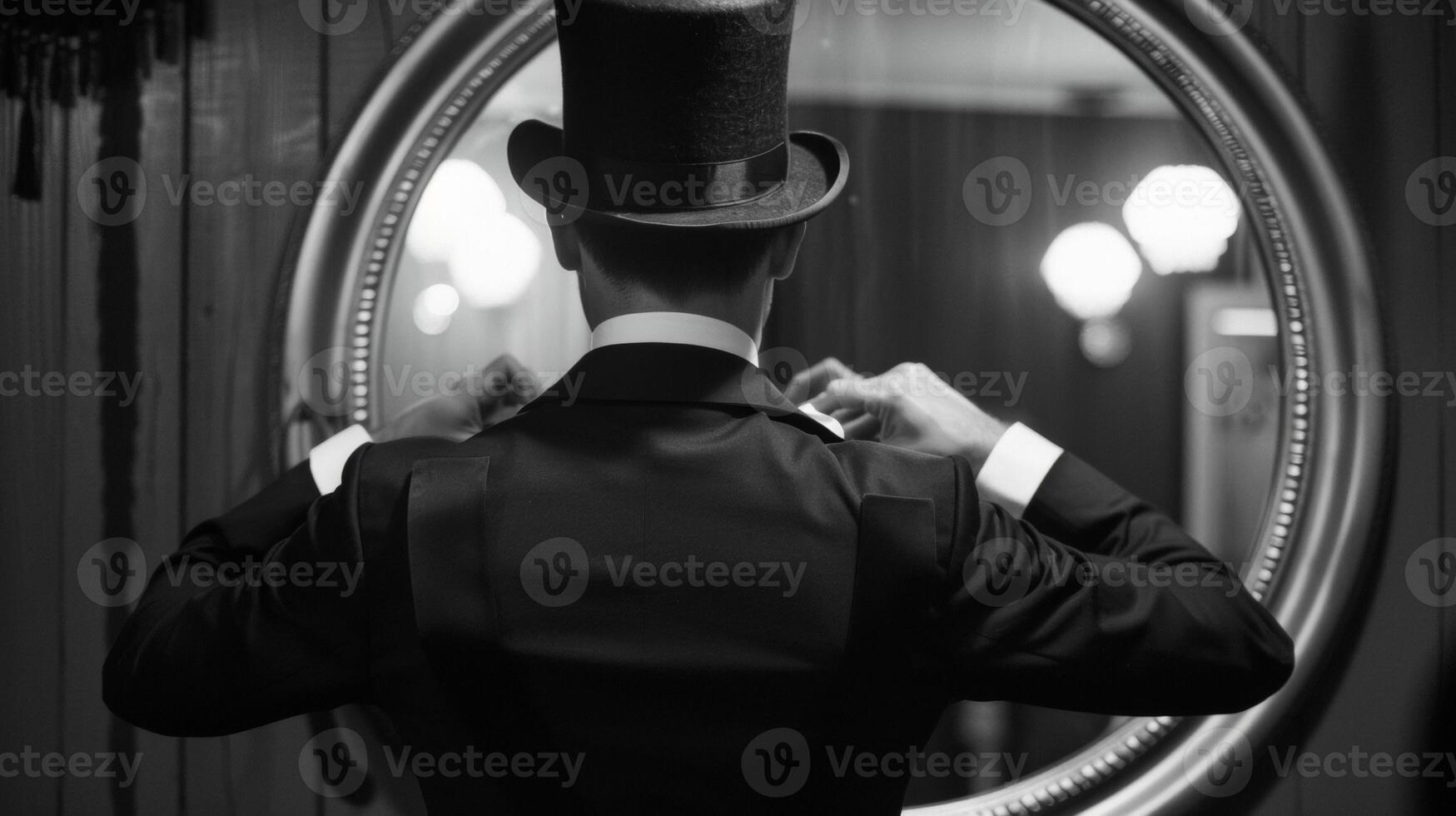 A man wearing a top hat and tails stands with back to the camera facing a large mirror. adjusts bowtie a sign of perfectionist . photo