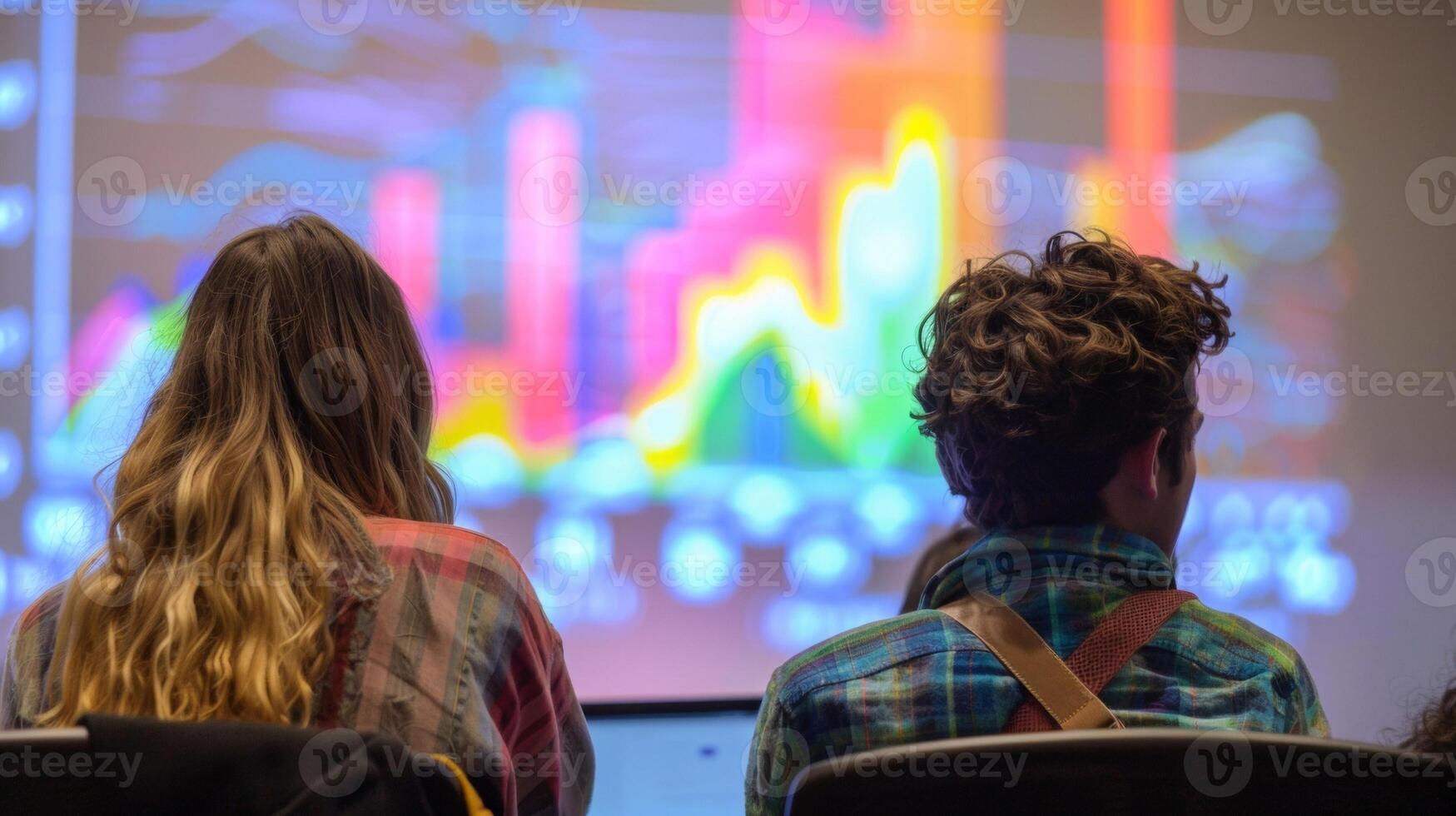 A closeup of two students sitting side by side both with backs to the camera focused on a laptop screen with a colorful graph . photo