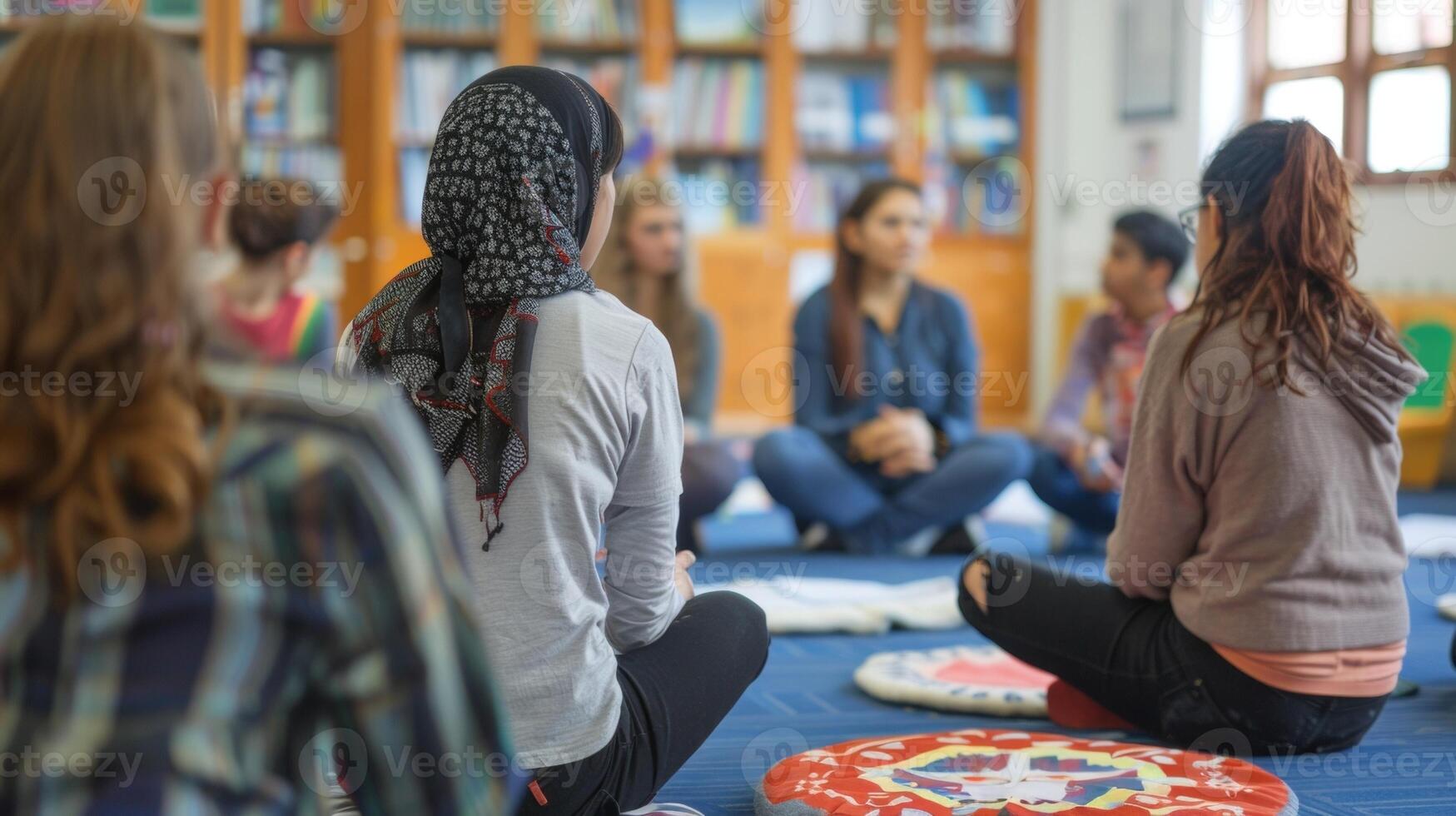 In a language class a diverse group of students sit in a circle on the floor facing away from the camera as they engage in a lively . photo