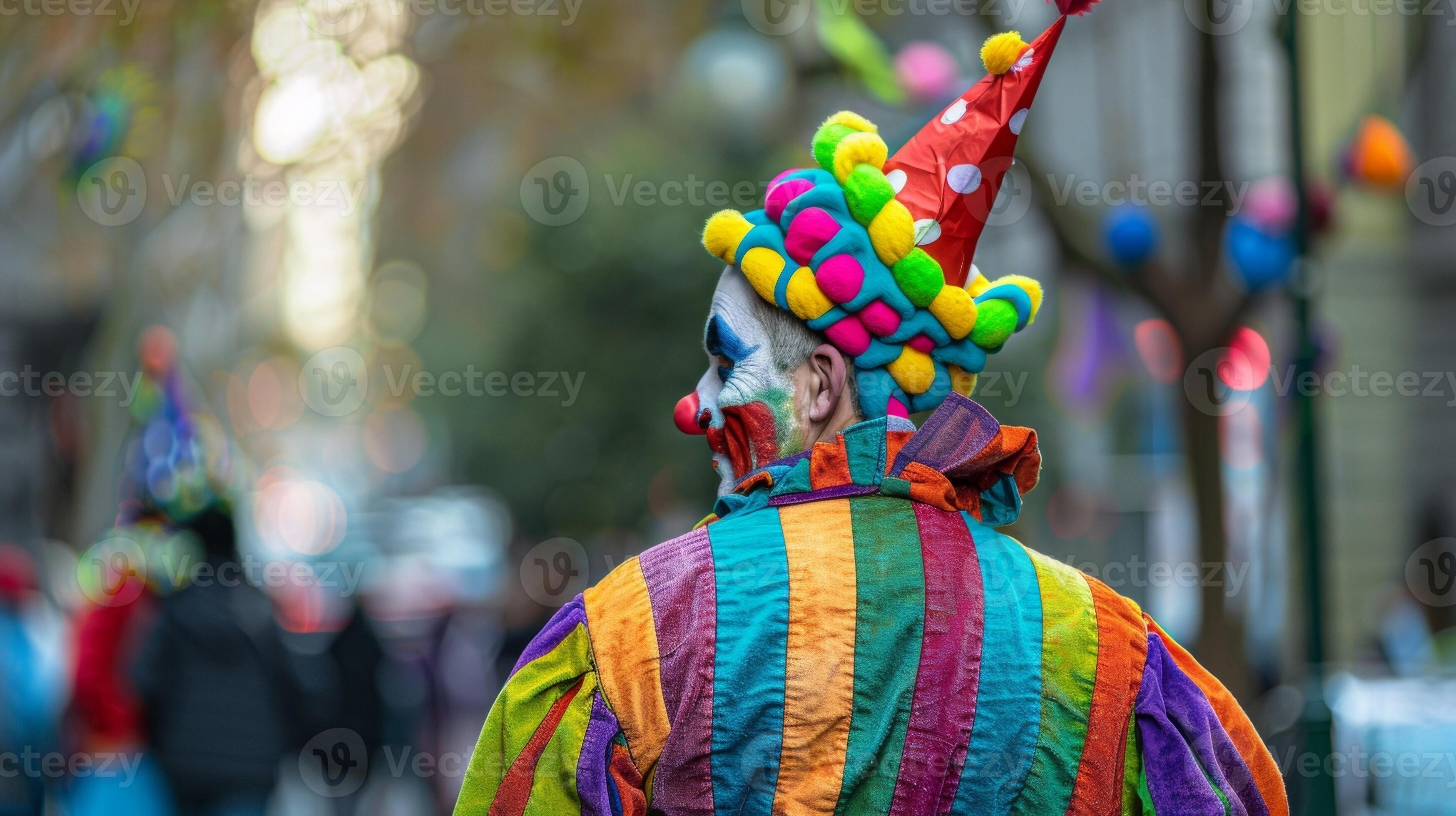 A man dressed as a jester stands with back to the camera colorful