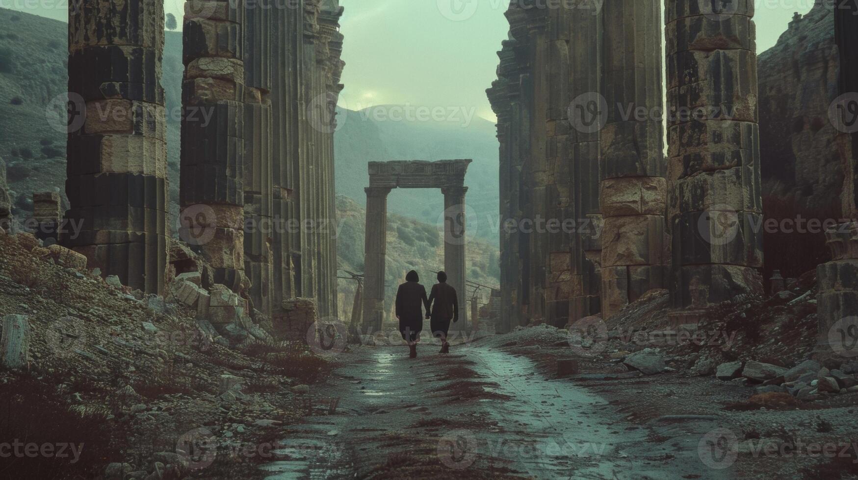 Against a backdrop of towering pillars two figures walk hand in hand backs towards the camera. The ruins around them seem to . photo