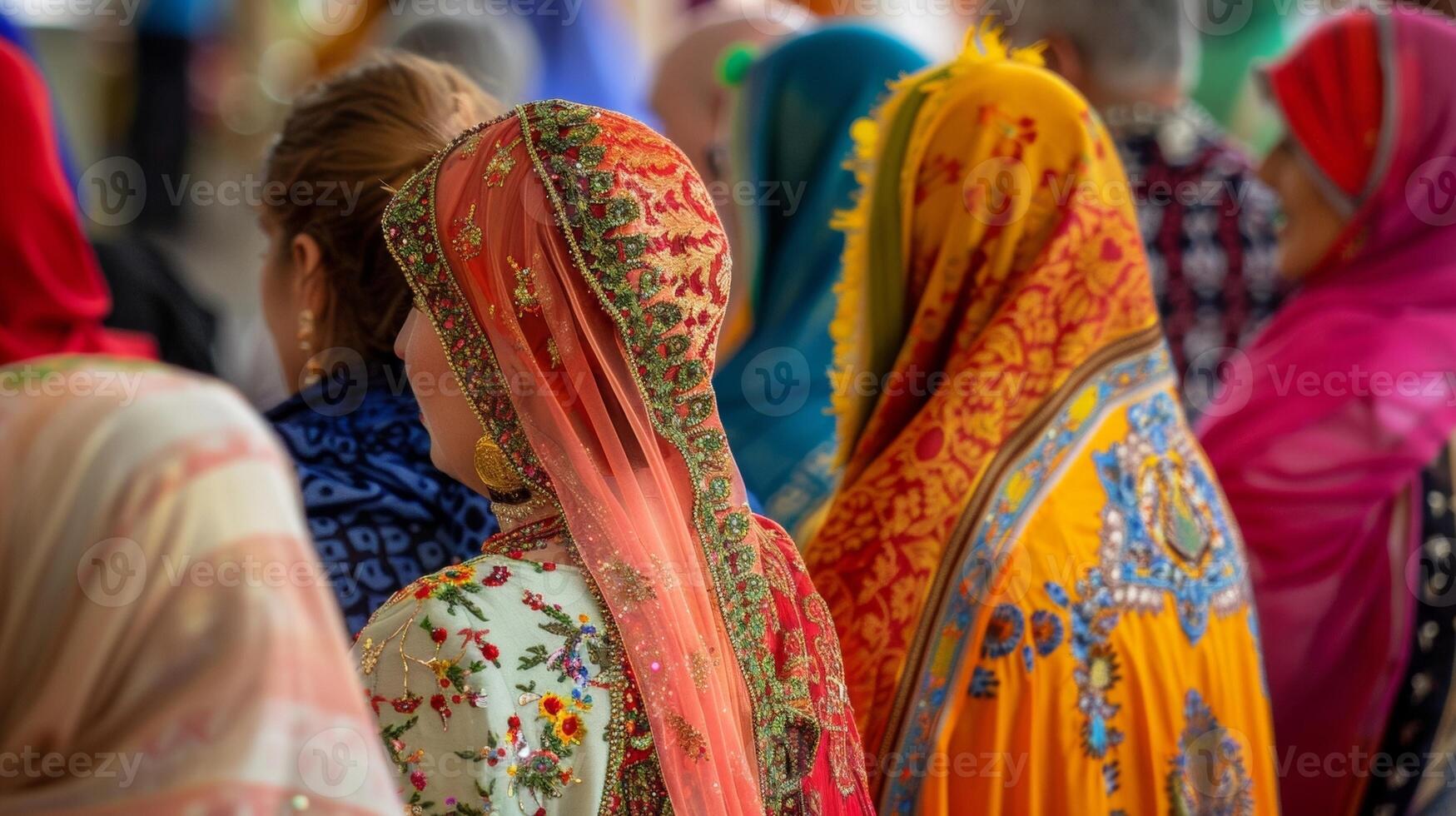 A colorful array of traditional clothing is on display as a group of participants in an interfaith ceremony face away from the camera . photo