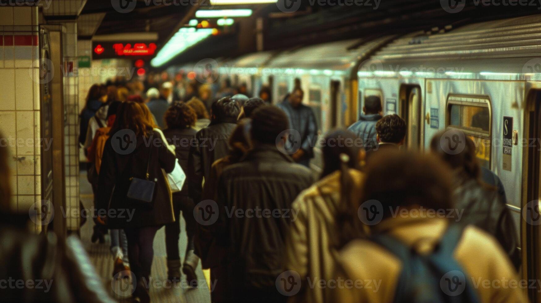 A group of commuters are seen from behind as they walk down the platform towards the subway train each lost in own thoughts . photo
