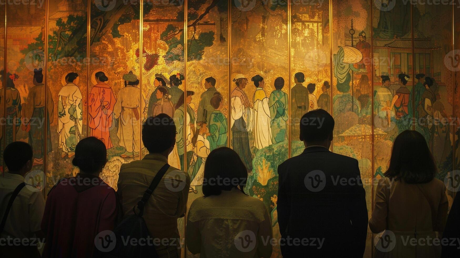 A group of people backs to the camera gather in front of a hidden and lesserknown mural appreciating its beauty and workmanship . photo
