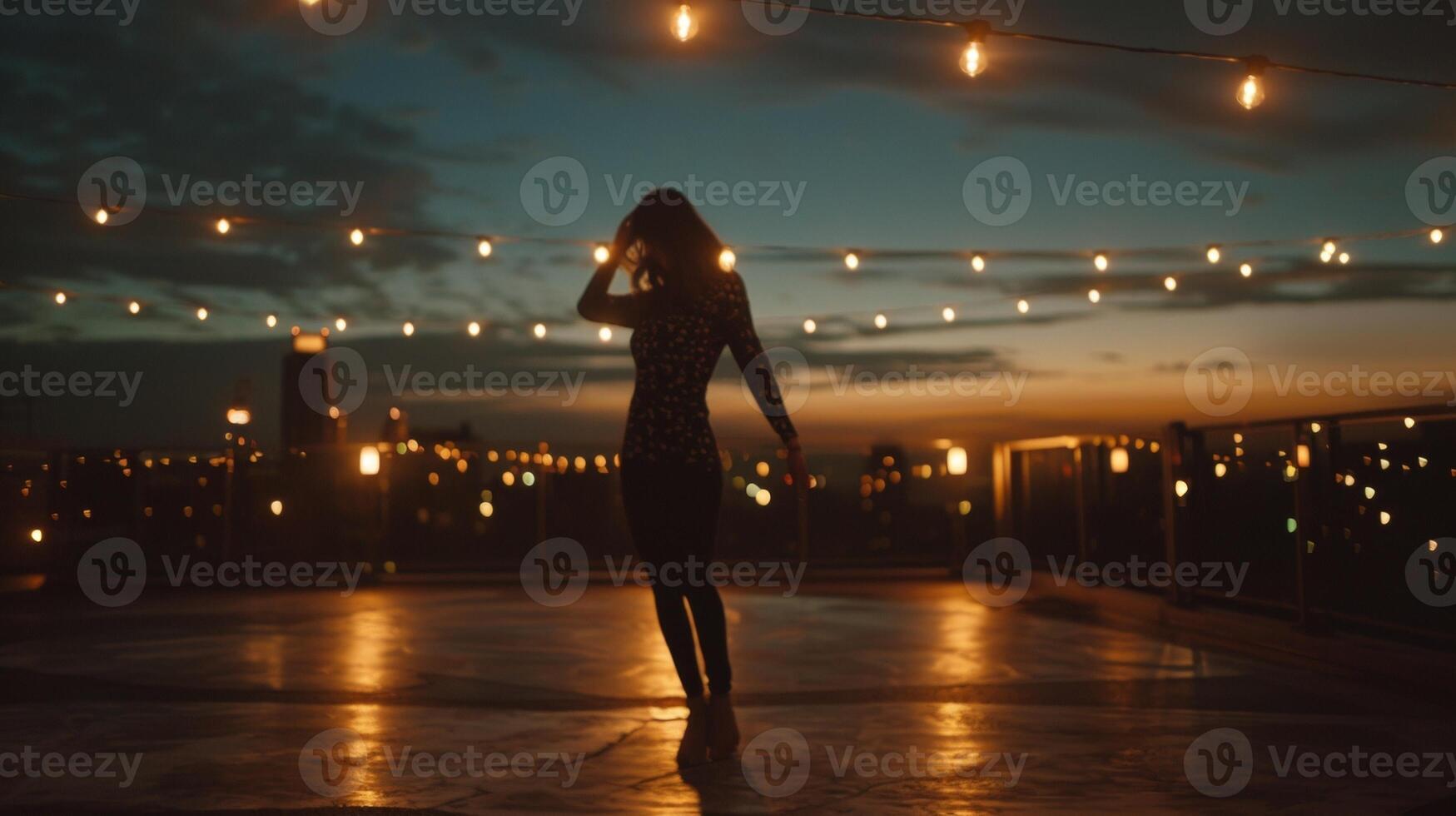 A lone dancer twirls in the spotlight face hidden as they let the music move them on the rooftop surrounded by glowing string . photo