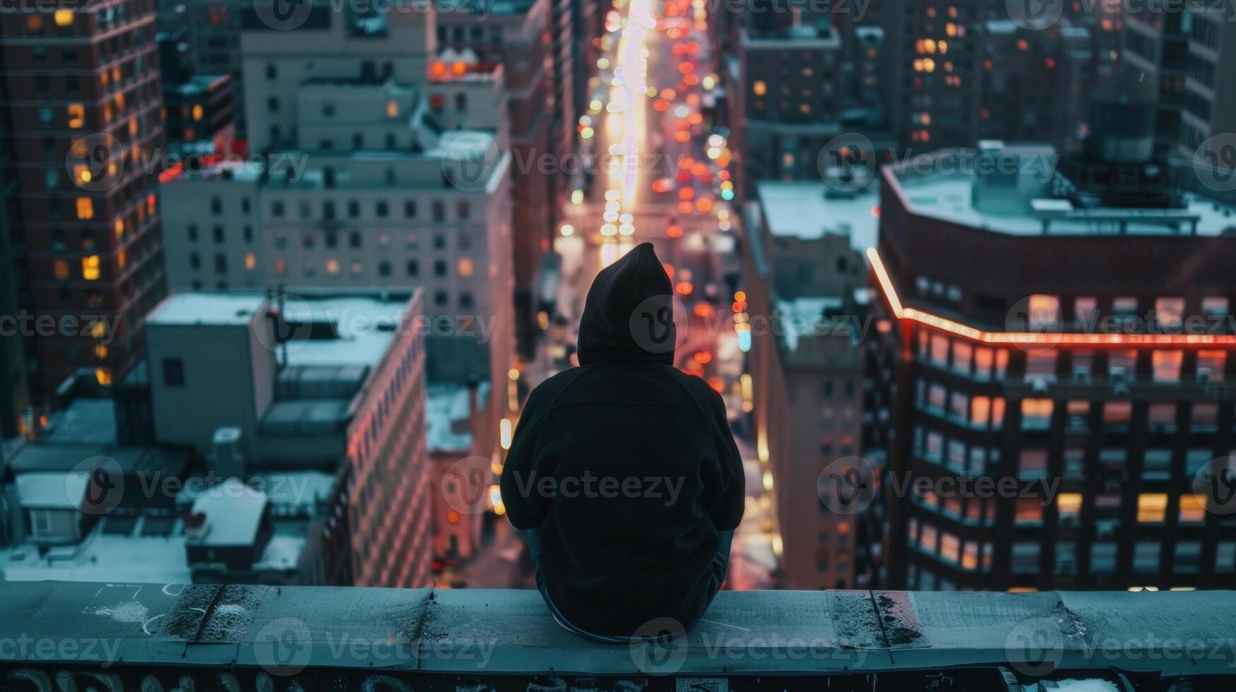 A lone figure sits on a rooftop ledge lost in thought with back to the camera overlooking the bustling city below. . photo