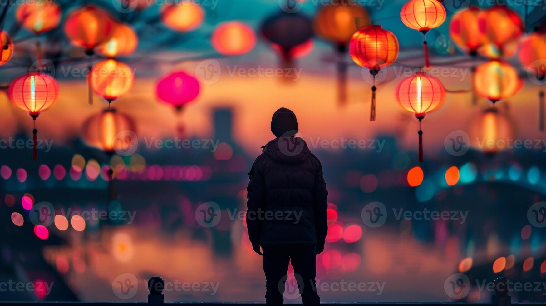 A lone figure stands on the rooftop silhouette outlined against the backdrop of colorful lanterns and a stunning cityscape. . photo