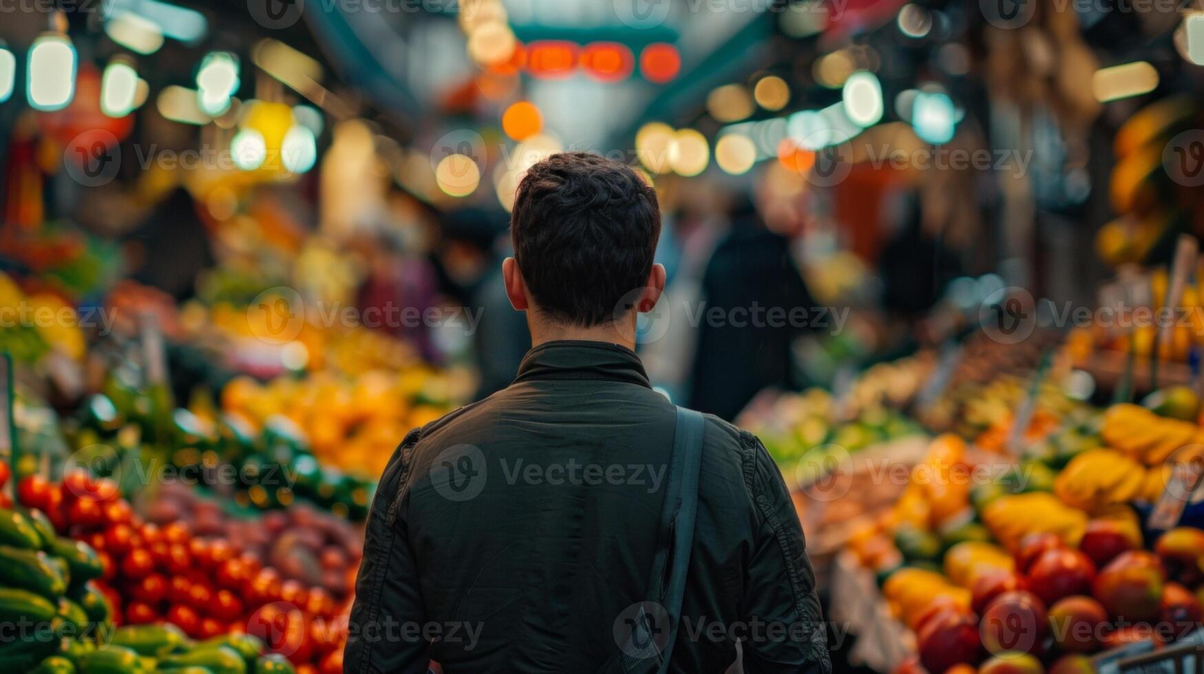 A lone figure stands at a fruit stand back facing the camera. They are examining the vibrant array of fruits and vegetables . photo