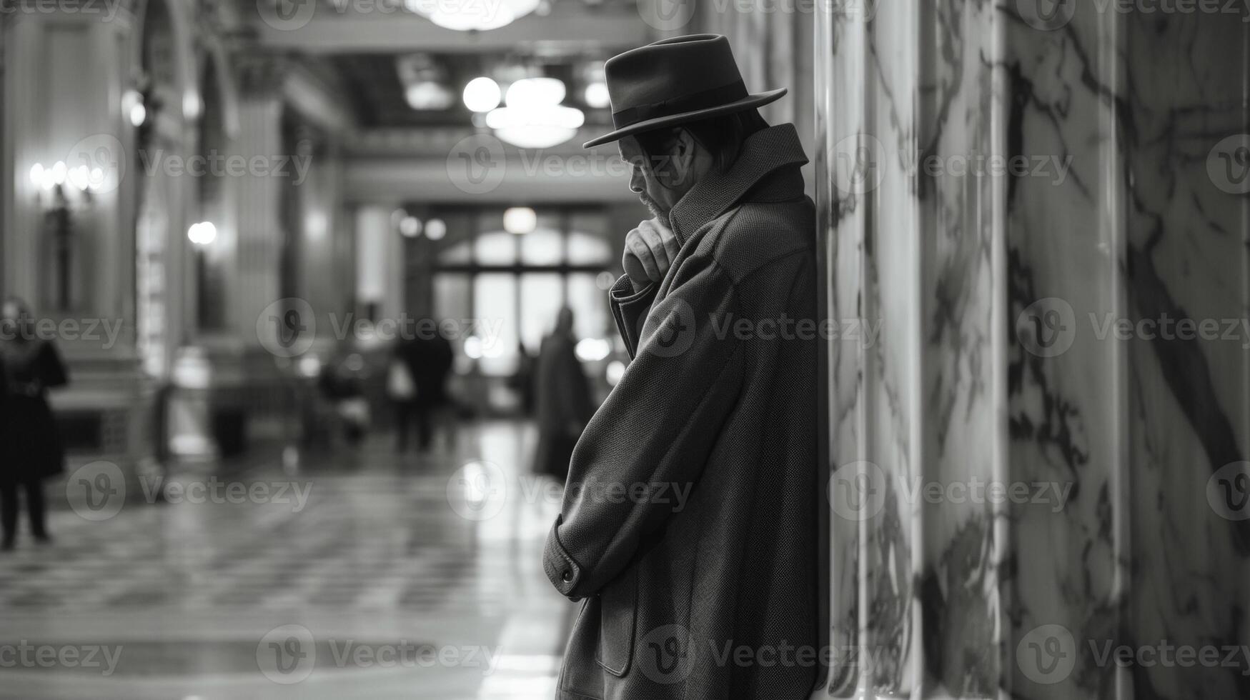 A person clad in a long coat and fedora leans against a marble pillar face partially obscured as they observe the activity in . photo