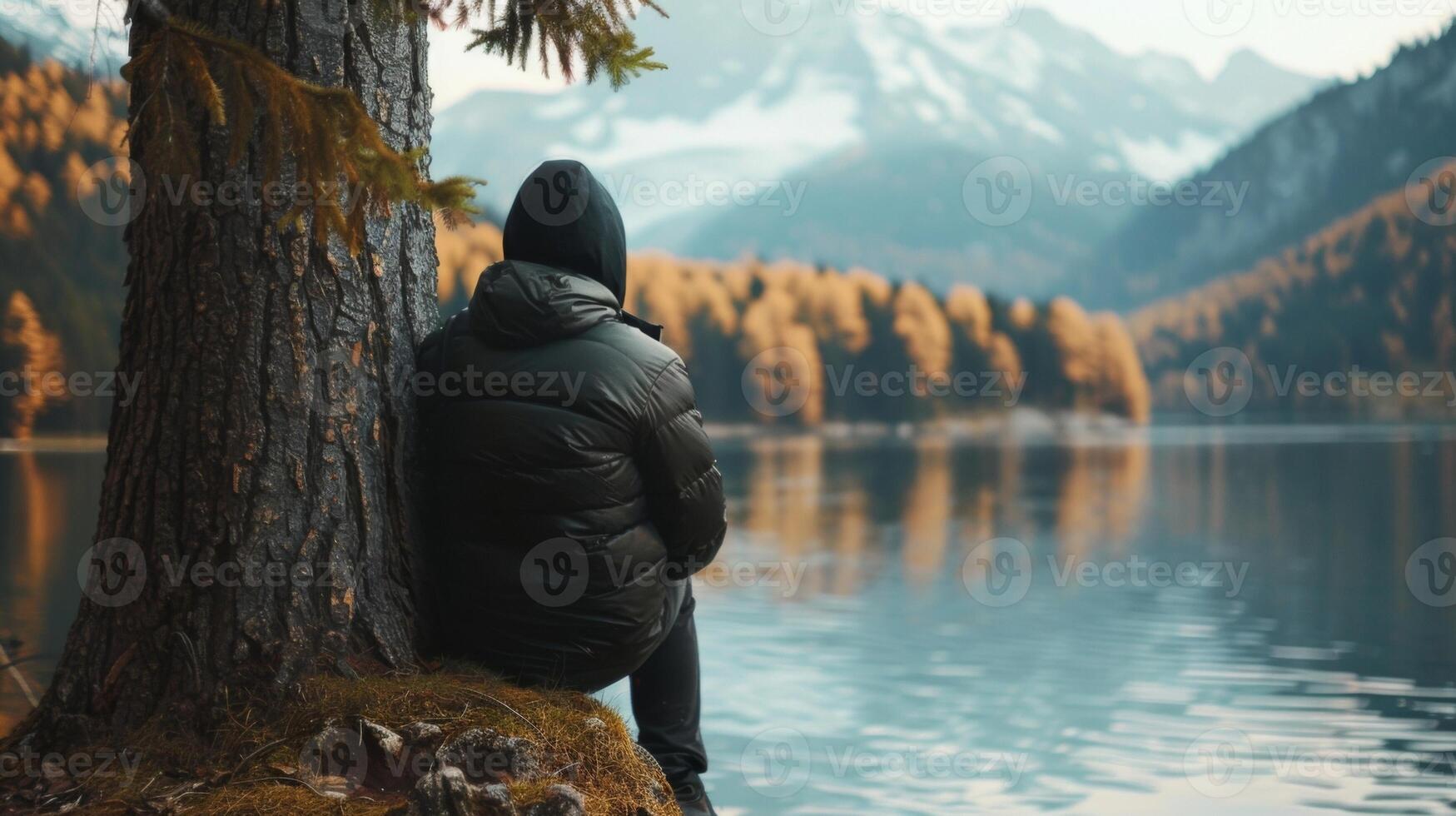 A figure leans against a tree trunk gazing out at a serene lake and distant mountains. back to the camera they seem to be completely . photo