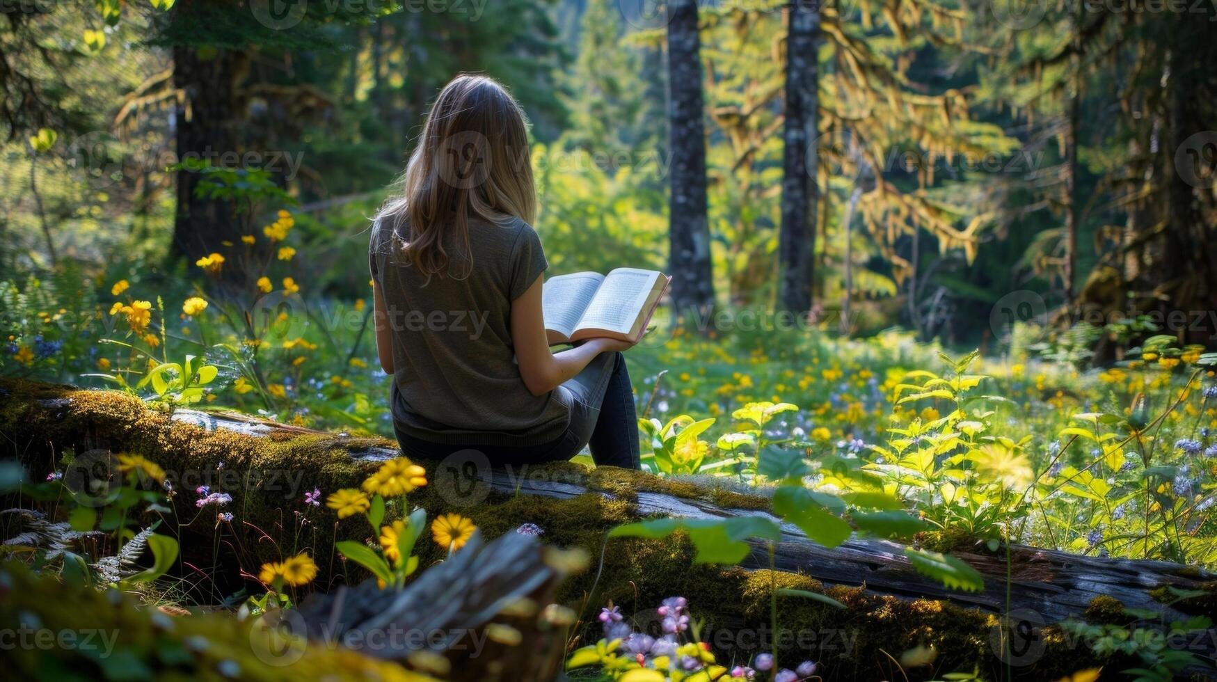 A young woman sits on a mosscovered log back to the camera as reads a book. The vibrant colors of the surrounding trees and . photo