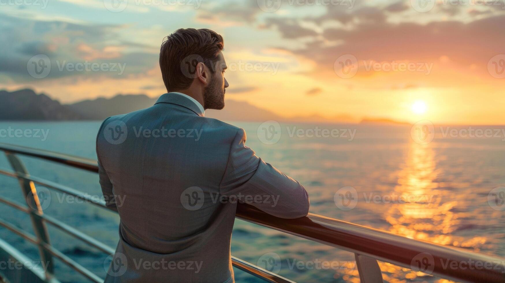 A man in a sharp suit leans against the railing attention focused on the breathtaking view in front of him. The calm waters and . photo