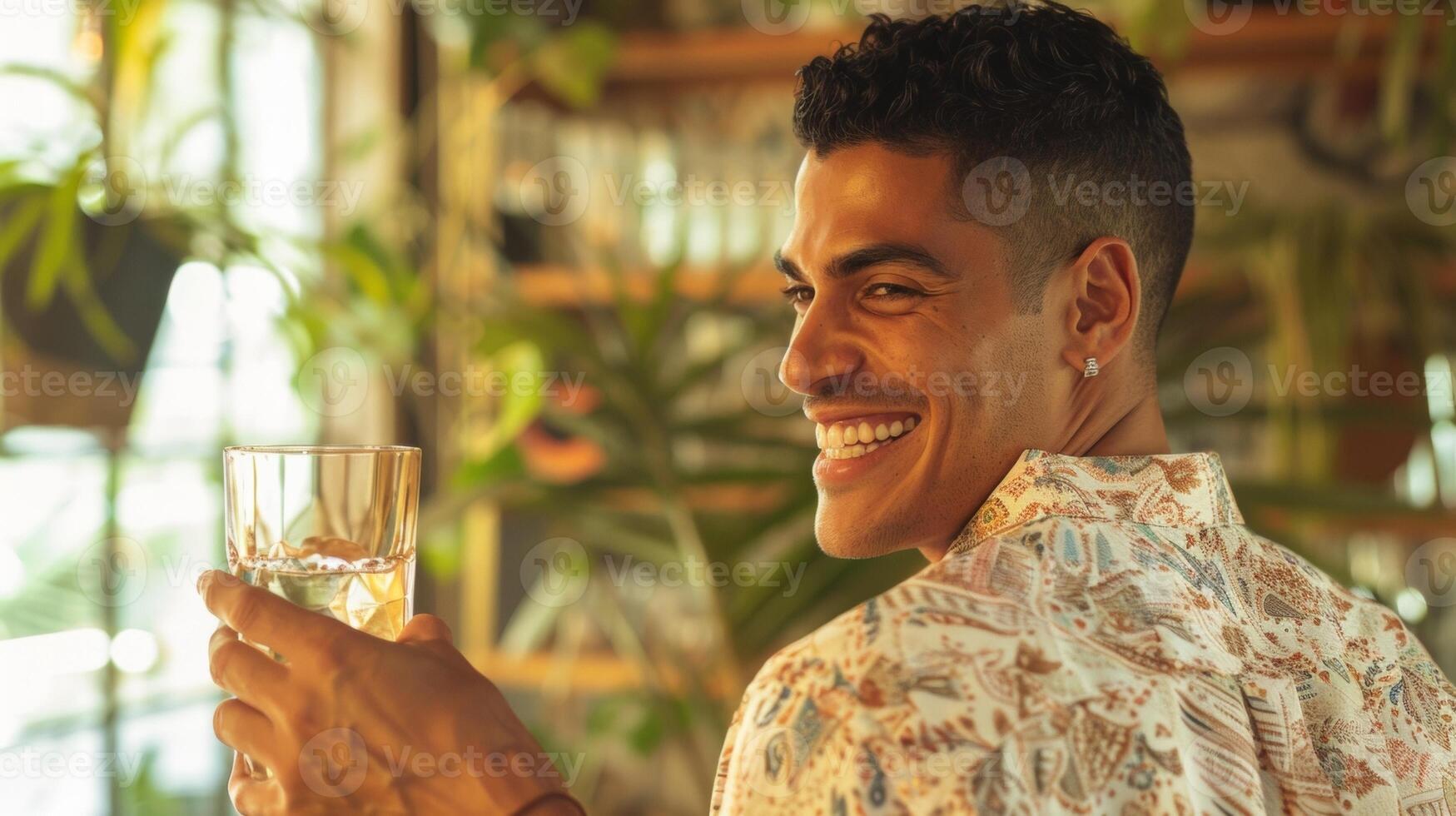 A man in a patterned buttondown shirt looks over shoulder towards the camera smile wide as holds a glass of golden liquid . photo