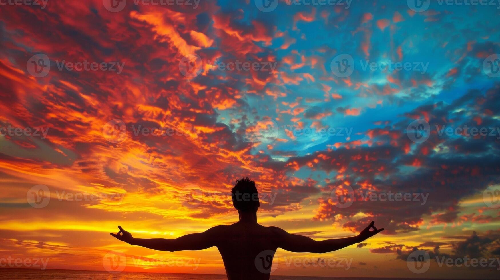 A man stands facing the horizon back to the camera and arms raised in a graceful yoga pose. The vibrant colors of the sunset . photo