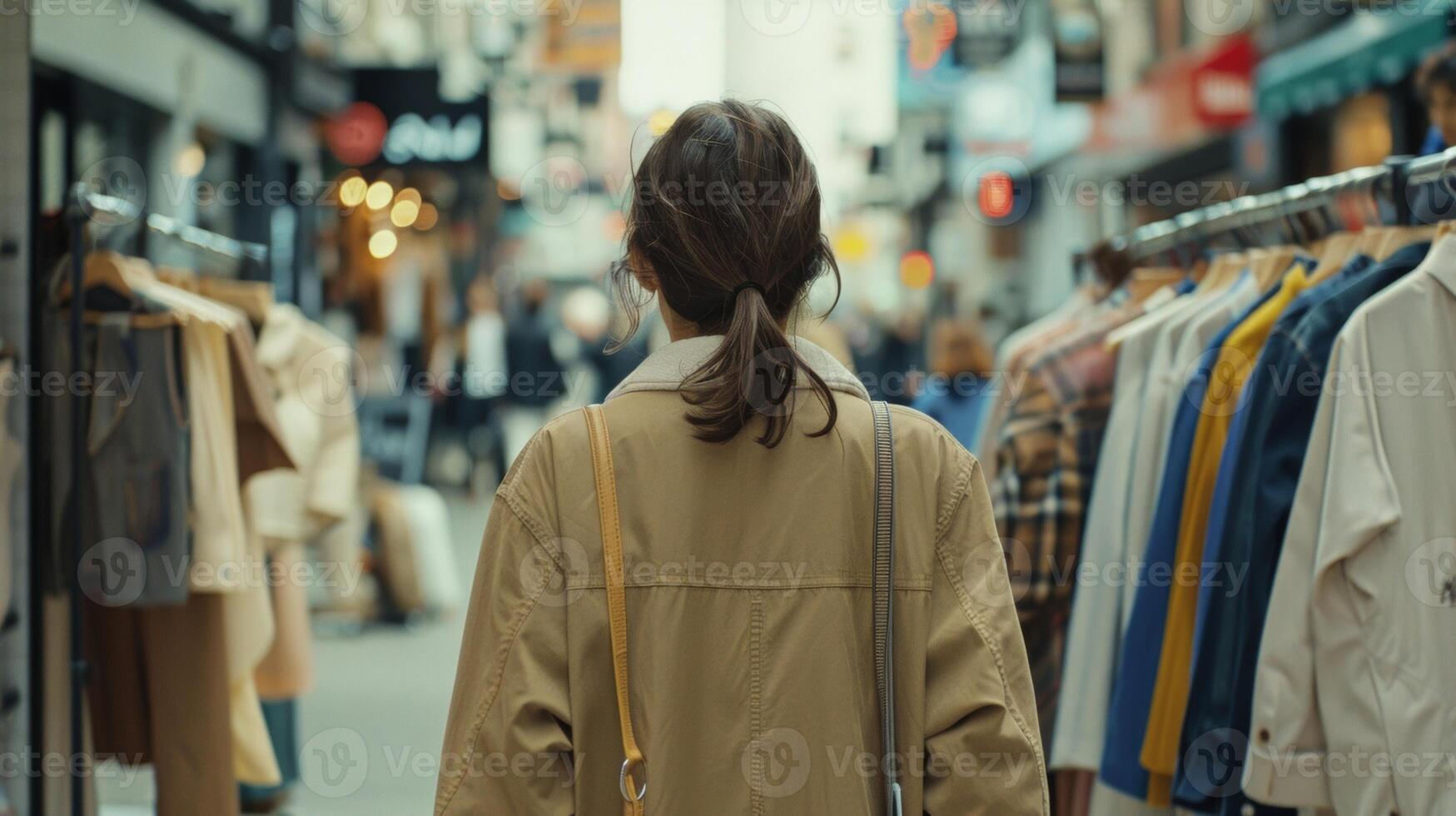A solo shopper stands in front of a bustling boutique back to the camera as gazes at the racks of designer clothing. The busy . photo