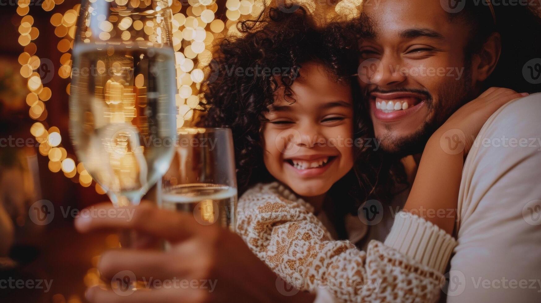 A family of three poses for a photo all with backs to the camera. The parents hold glasses of champagne while young daughter .