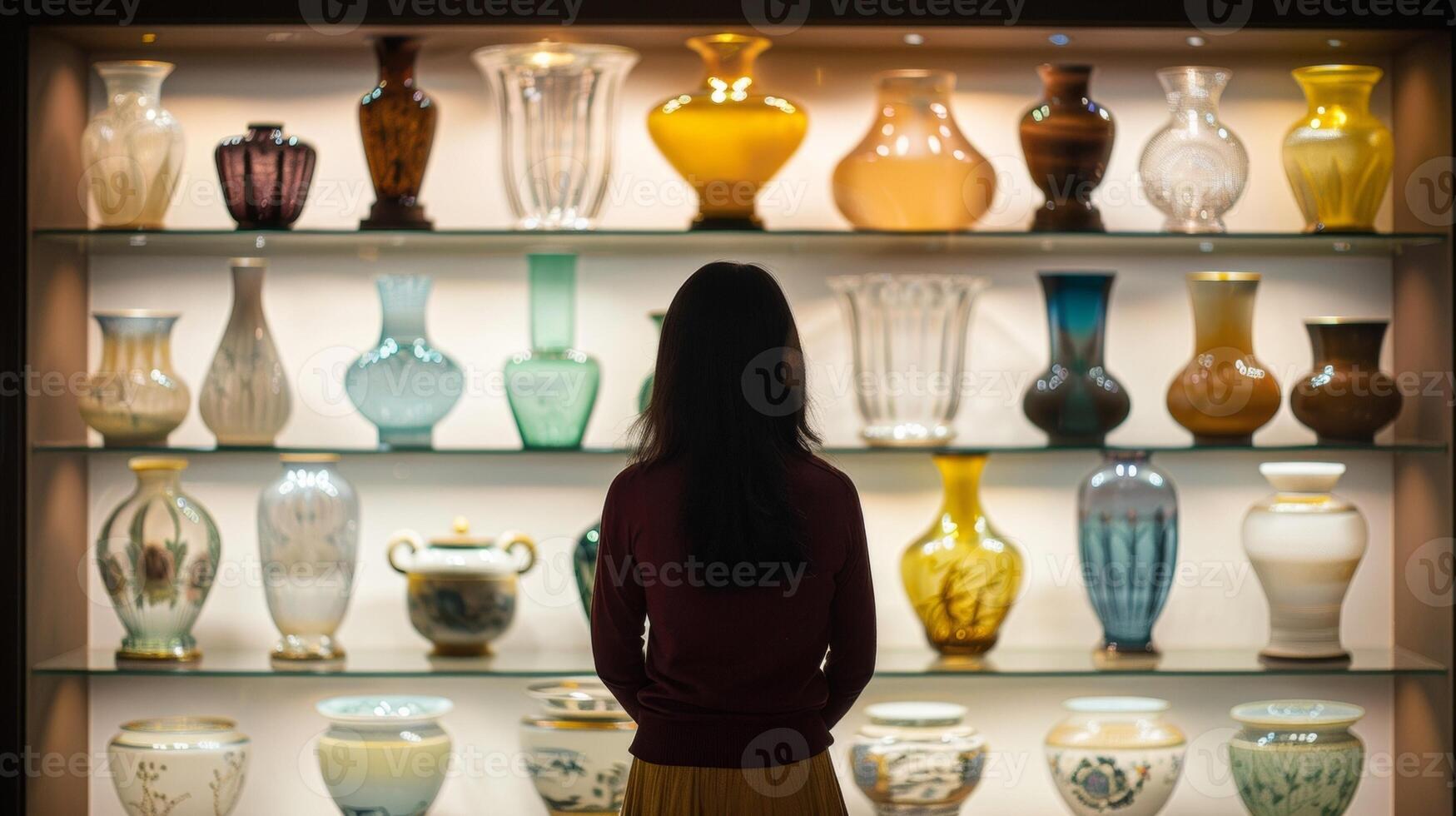 A lone figure facing away from the camera stands in front of a wall of crystal vases. The persons hands hover in front of the display . photo