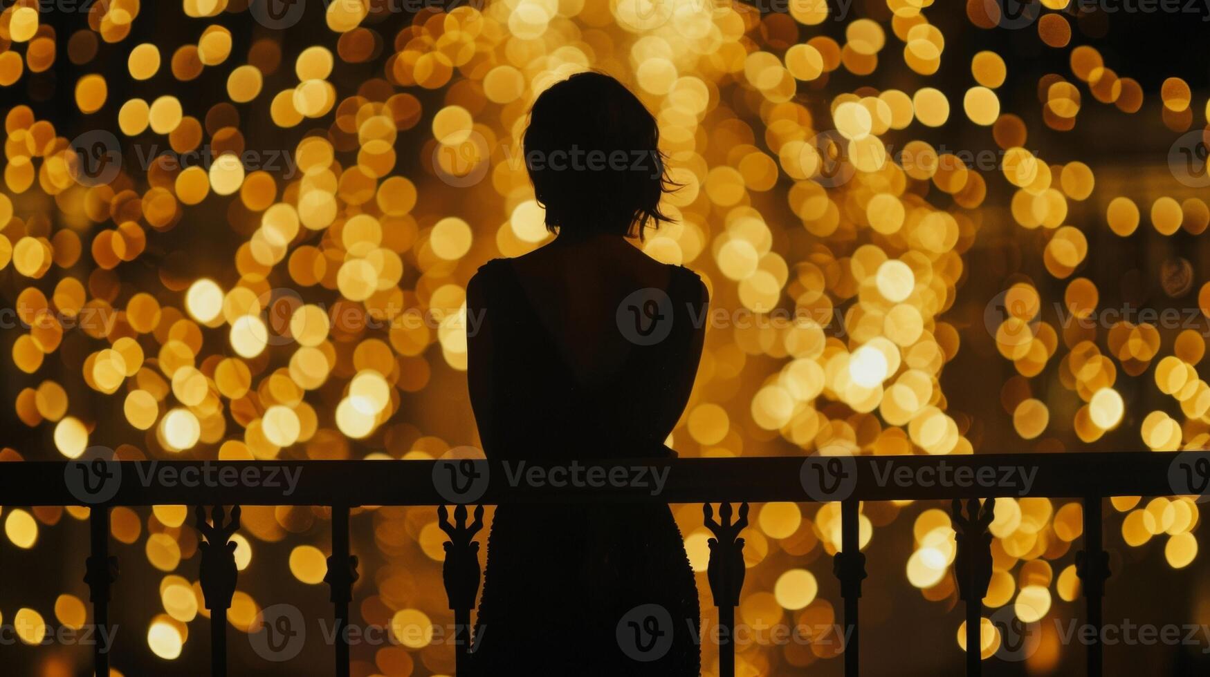 A lone figure stands at the balcony lost in thought as they gaze out into the night. silhouette is outlined against a backdrop . photo