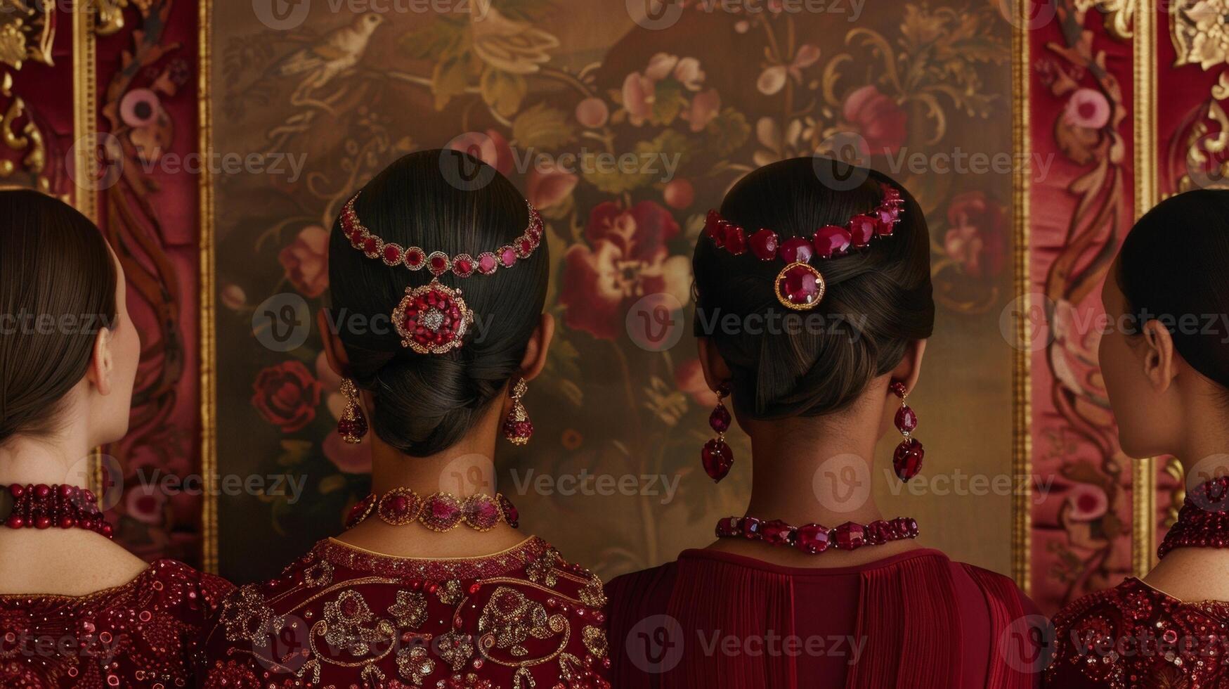 Against a backdrop of rich burgundy ds and ornate gold accents three figures stand with backs to the camera admiring a stunning . photo