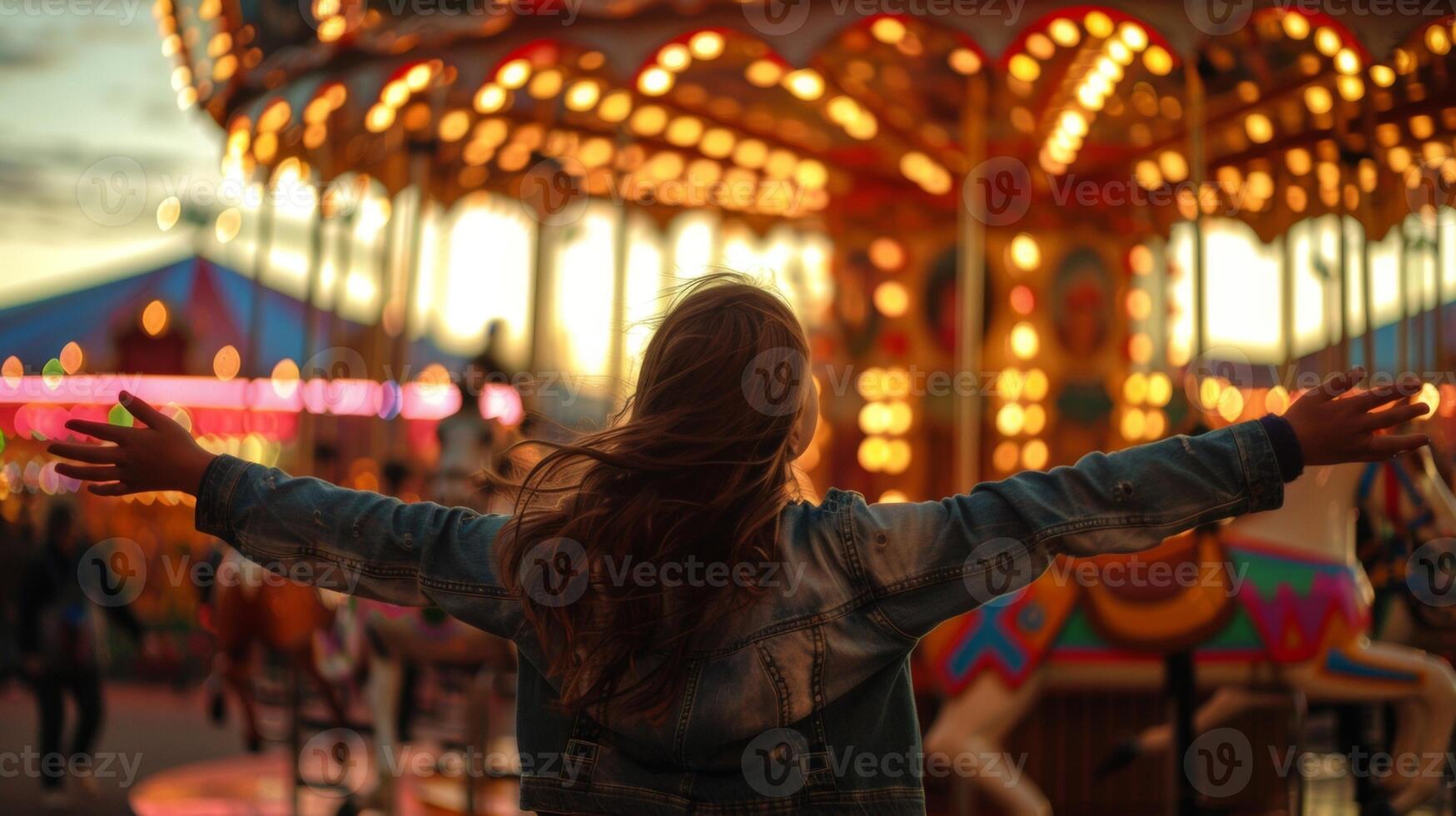 A lone figure stands in front of the carousel arms outstretched and hair blowing in the wind as they soak in the joy and excitement . photo