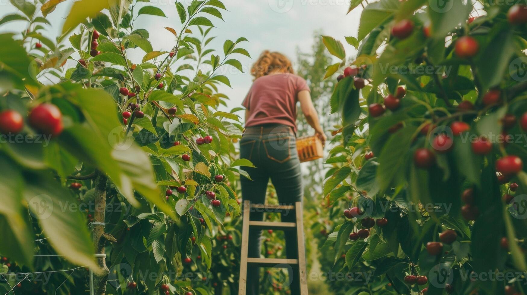 A woman stands on a ladder reaching towards the top of a tall cherry tree. back is to the camera as carefully picks ripe cherries . photo