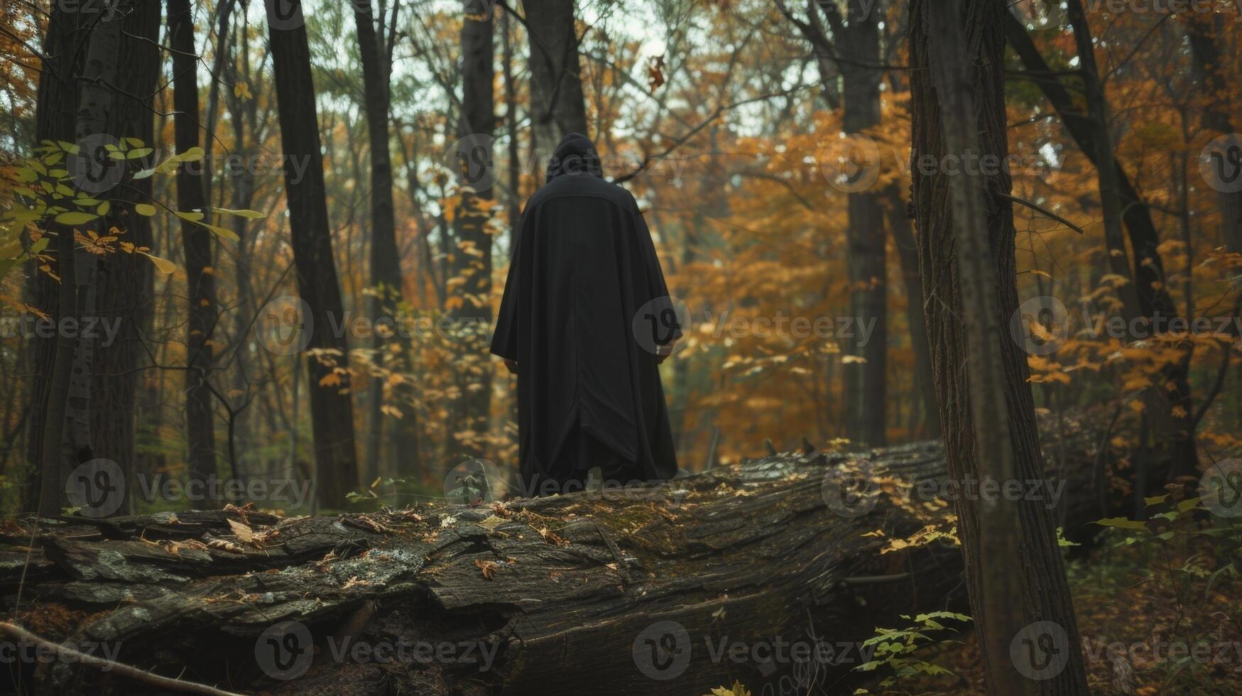 A figure cloaked in a long black coat stands on a fallen tree trunk in the forest. They appear to be deep in thought taking in the . photo