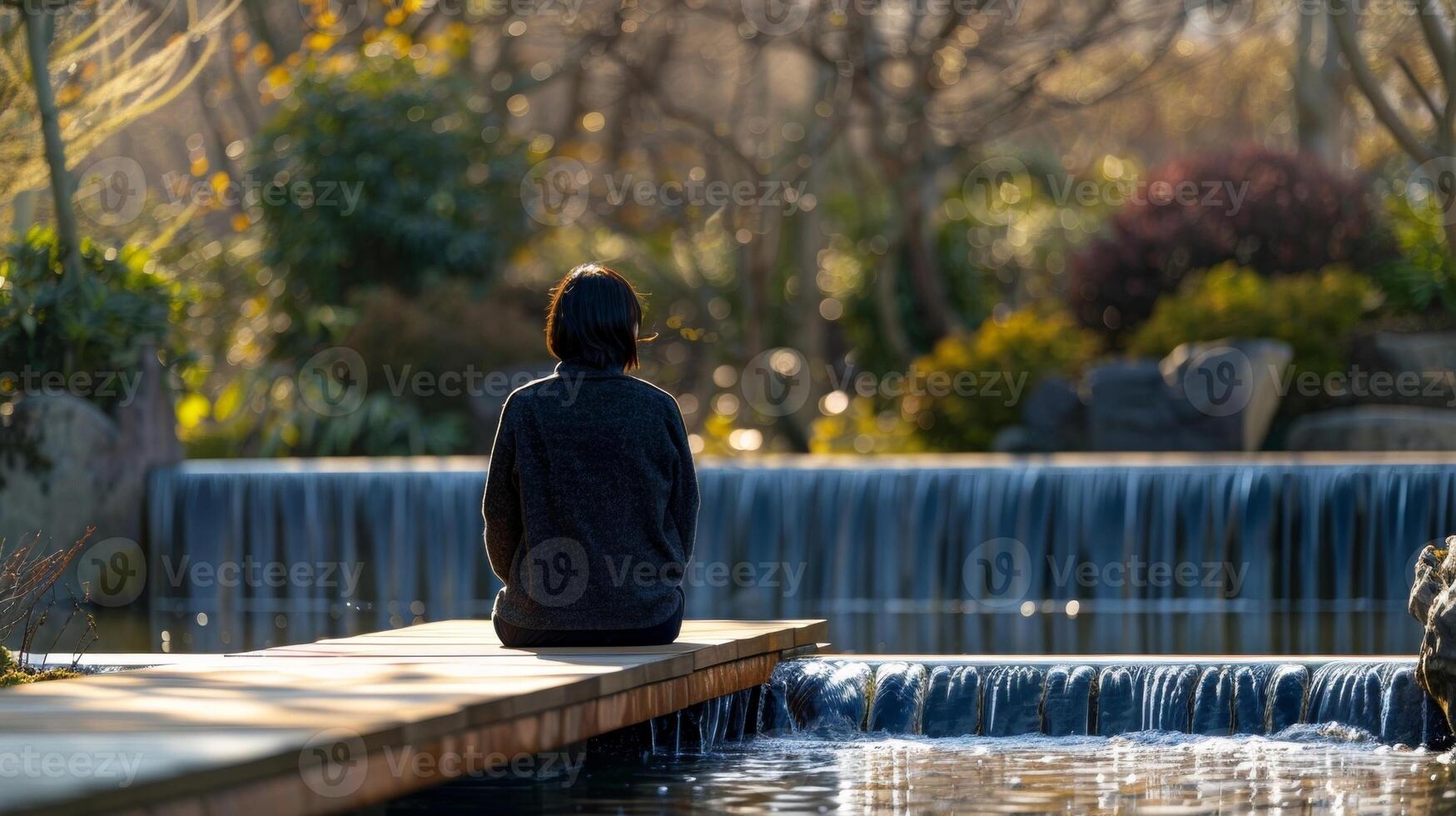 A person sits alone on a wooden bench gazing at a tranquil water feature and turning back to the outside world in quiet . photo