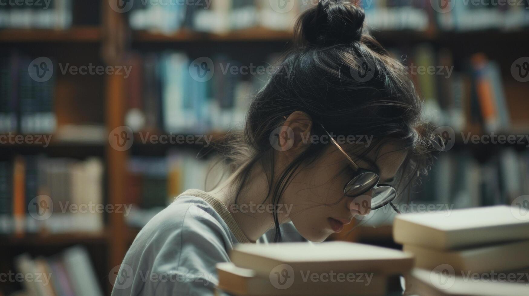 A young woman sits hunched over a pile of books in a quiet corner of the library. dark hair is pulled into a messy bun and . photo