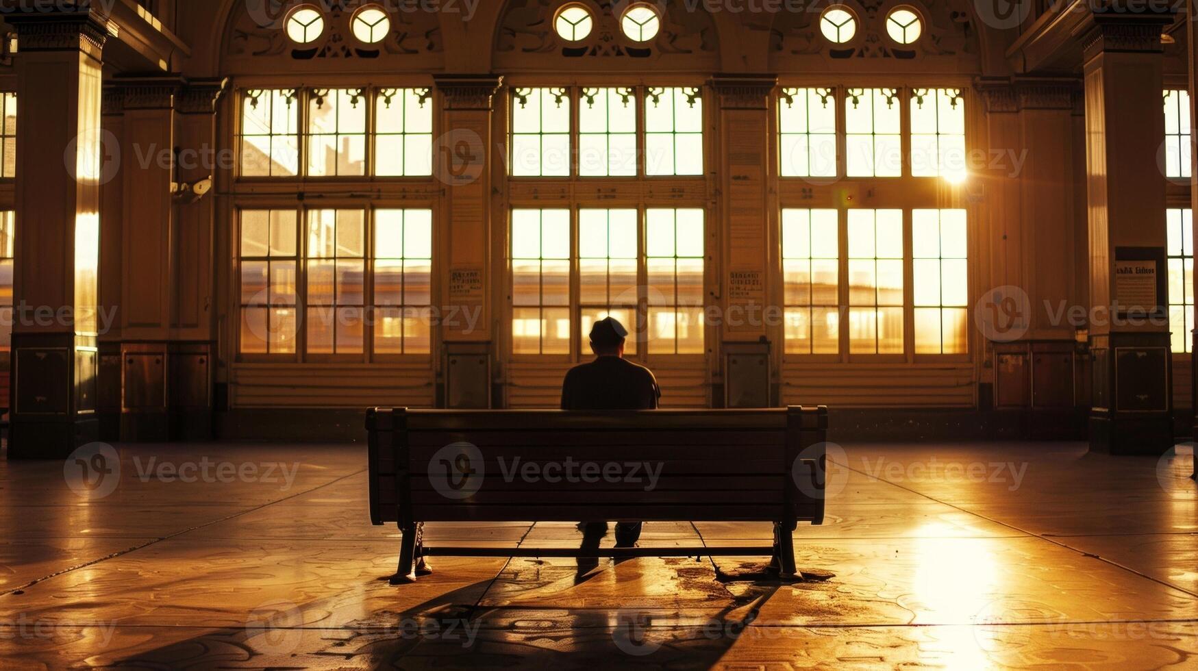 A lone figure sits on a bench back to the camera as they take in the sights and sounds of the timeless train station lost in . photo