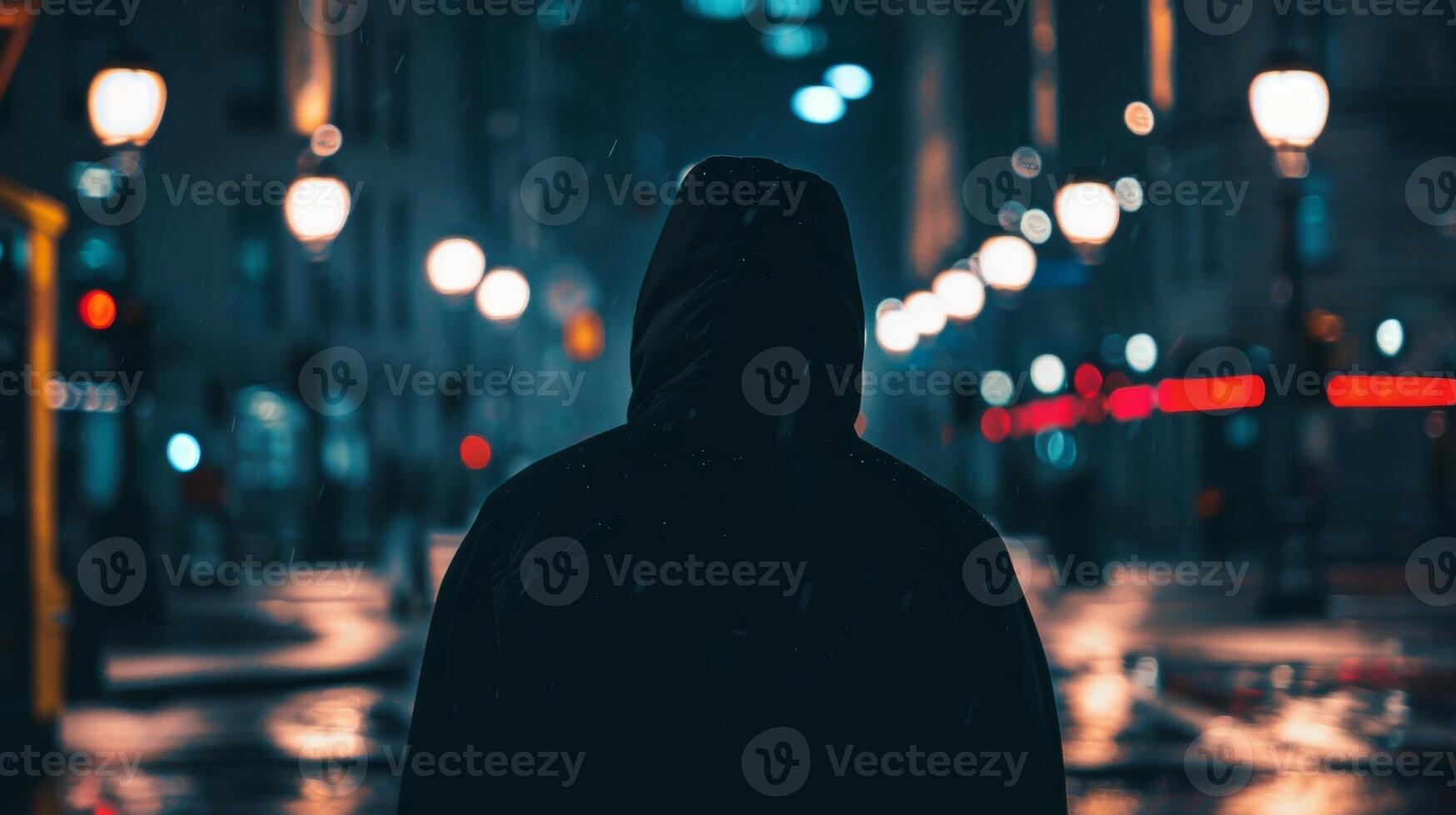 A lone figure dressed in all black stands against the bright lights of the city. back is turned to the camera but stance exudes . photo