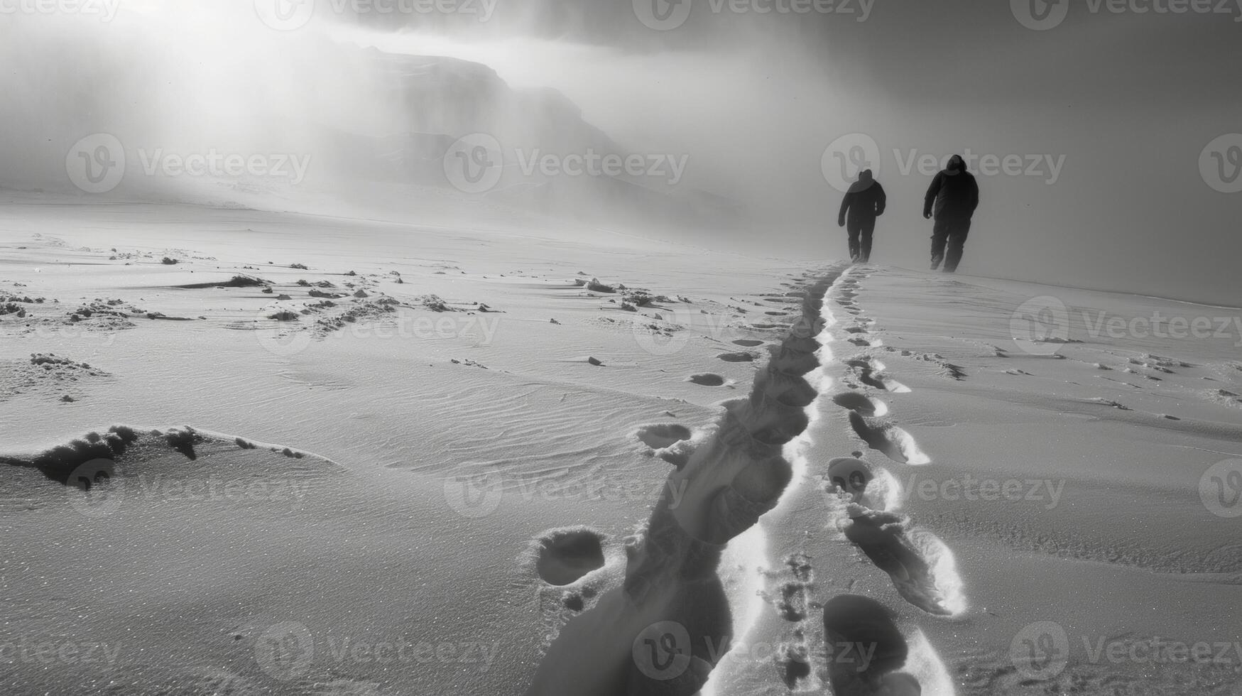 Two figures can be seen in the distance backs turned towards the viewer as they trudge through the thick blanket of snow. The . photo